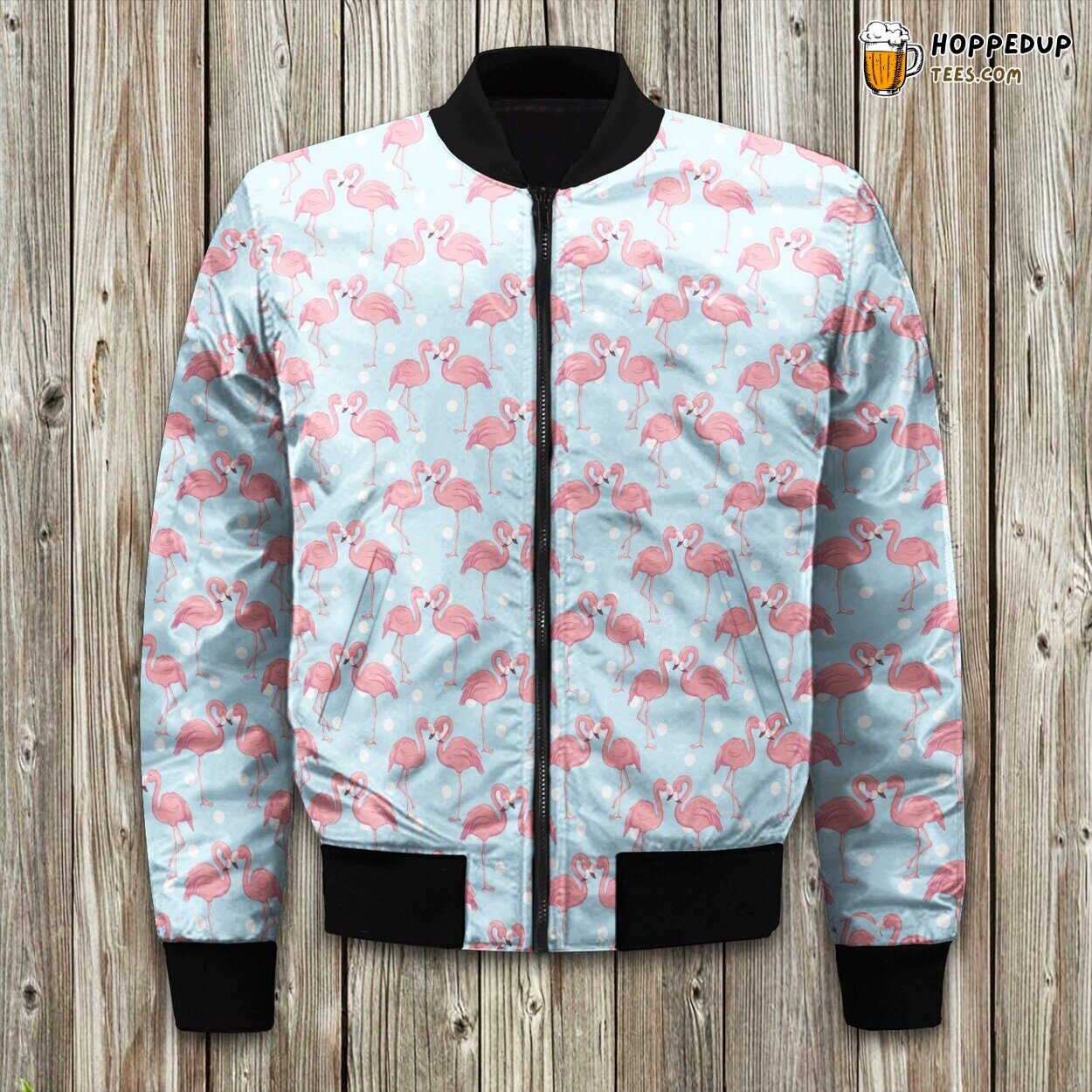 Lovely Flamingo Couple Kiss For Animal Lover With Polka Dot Background Seamless Bomber Jacket