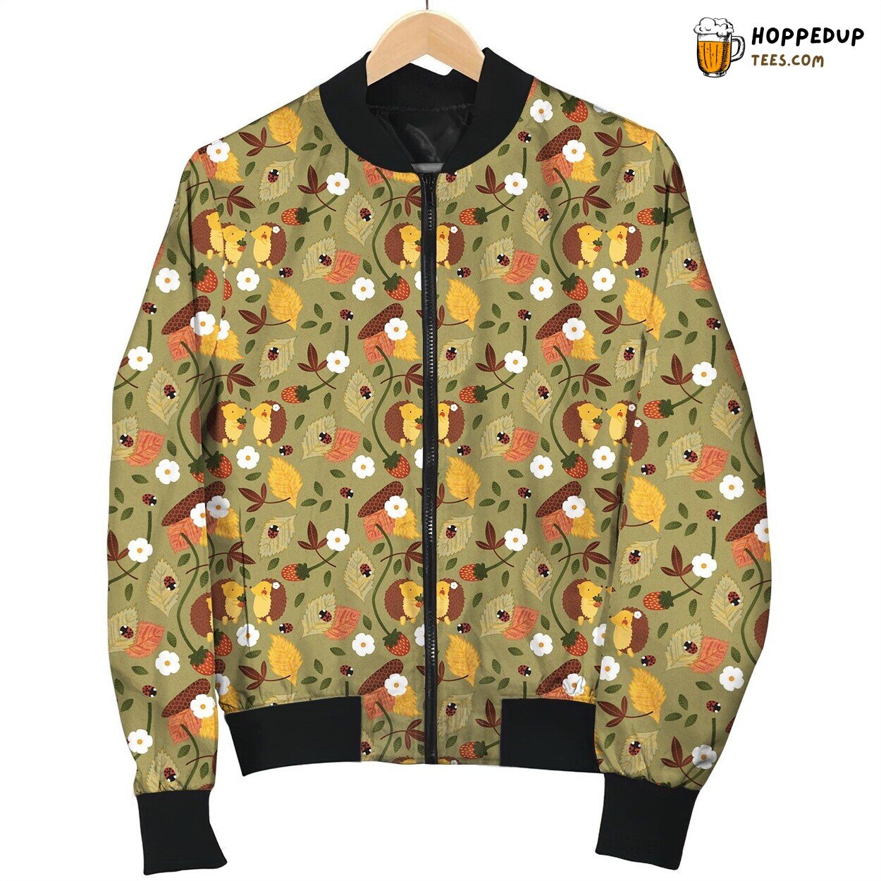Lovely Happy Hedgehog Couple And Autumn Leaves Bomber Jacket