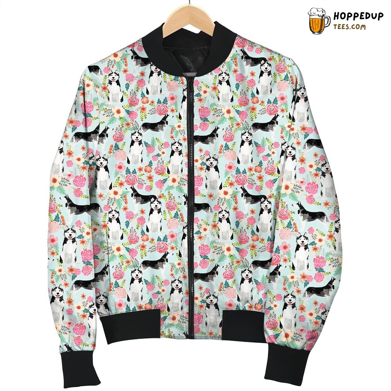 Lovely Happy Husky With Flowers Bomber Jacket