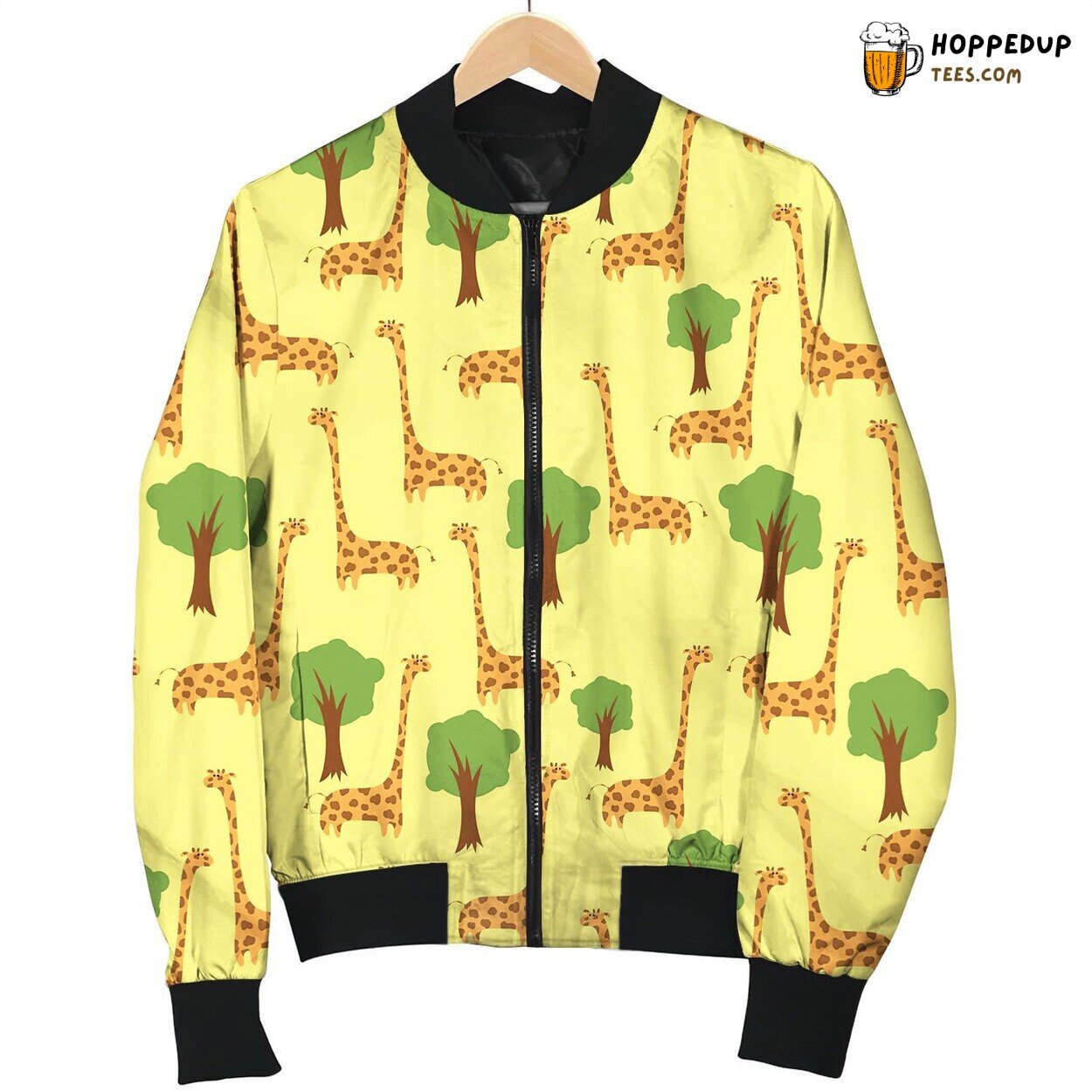 Lovely Orange Cartoon Giraffe With Green Tree Bomber Jacket