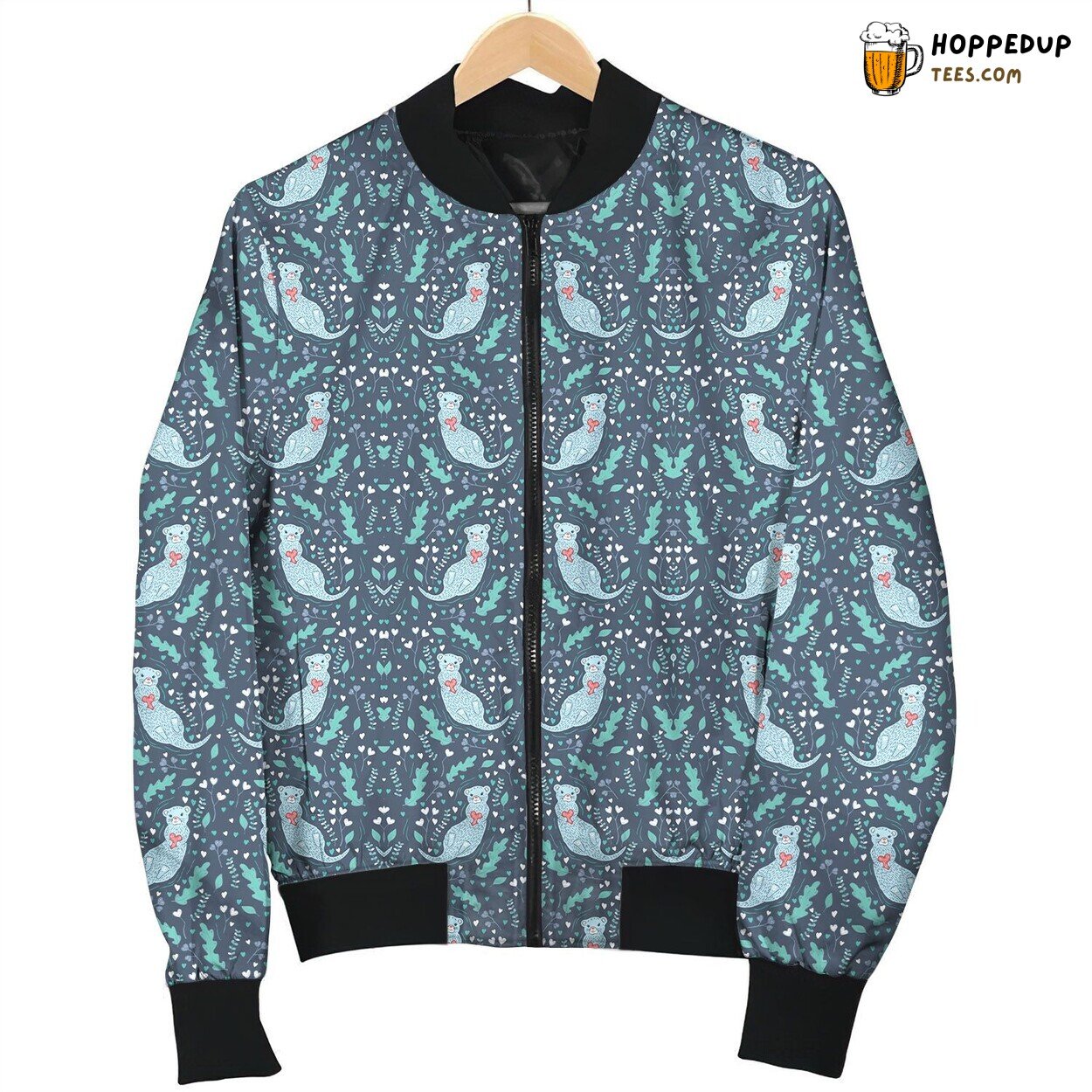 Lovely Otter Holding Heart Texture On Mallard Green Bomber Jacket