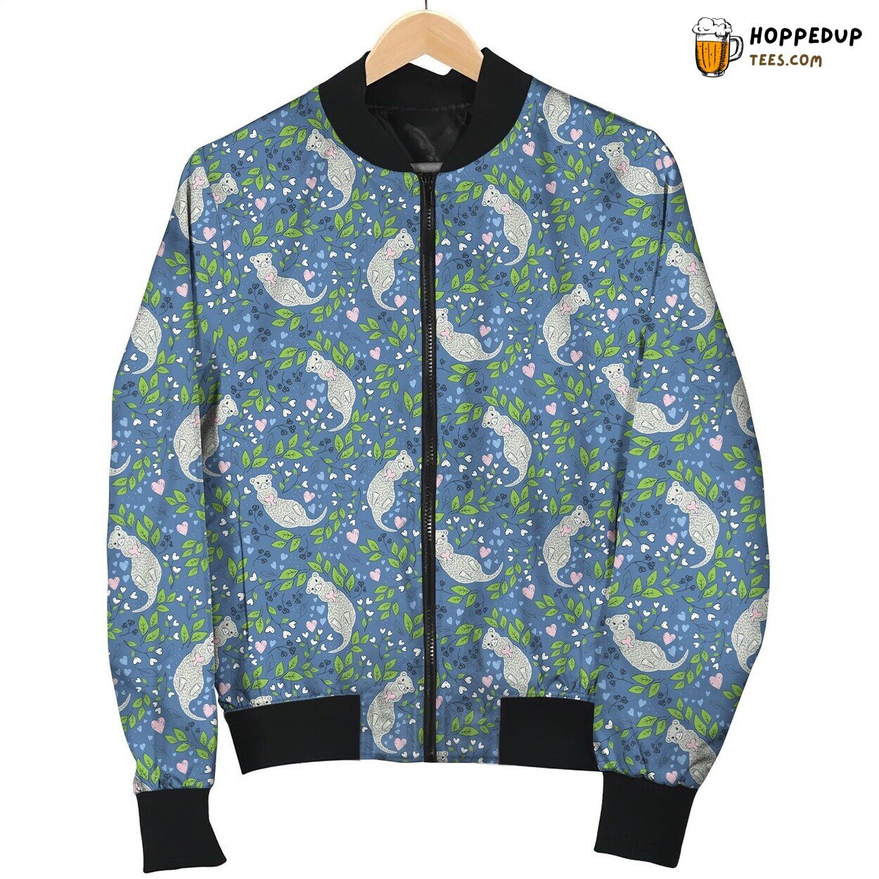 Lovely Otter With Pink Heart And Leaves Texture Bomber Jacket