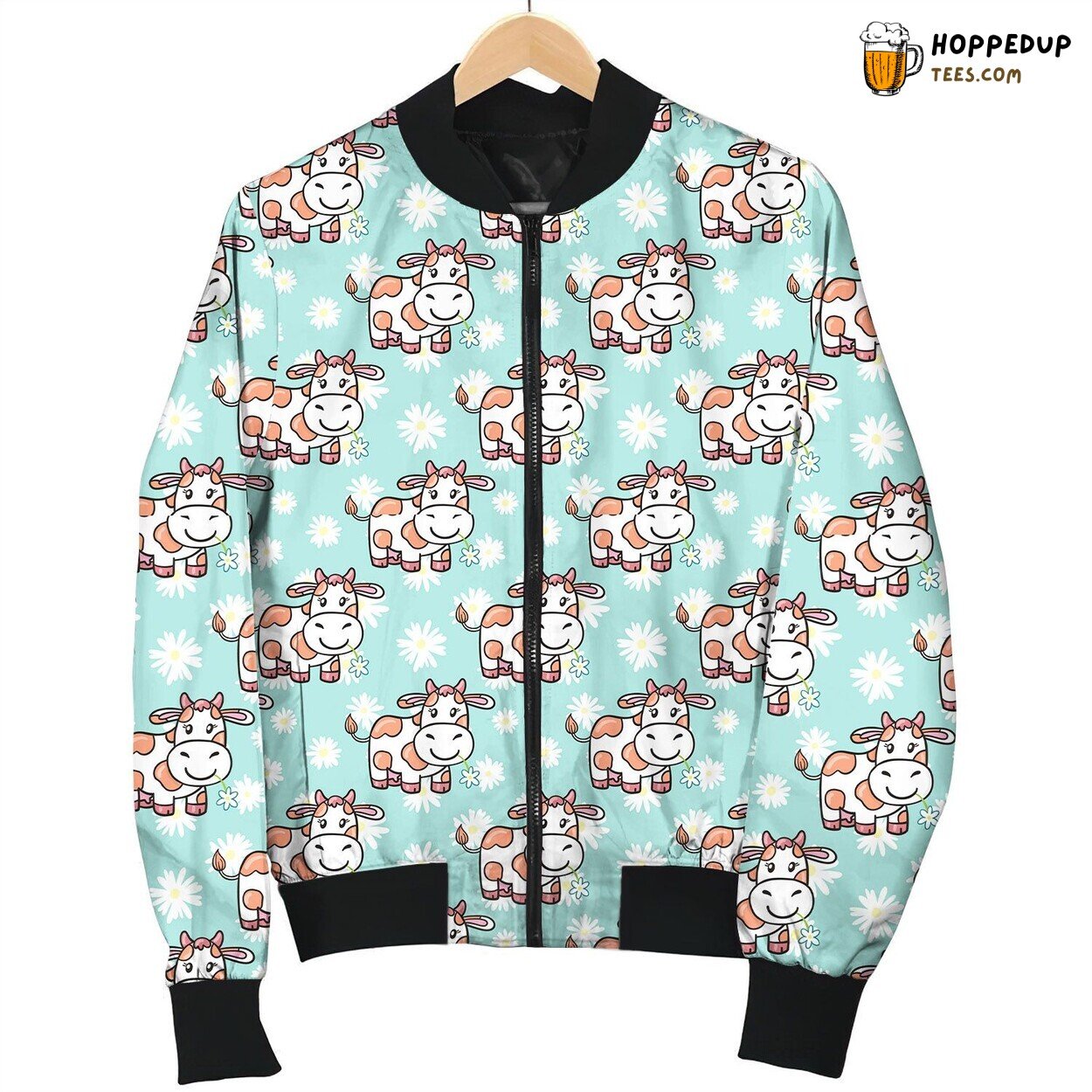Lovely Smiling Pink Dairy Cow Eat Flower On Daisy Background Bomber Jacket
