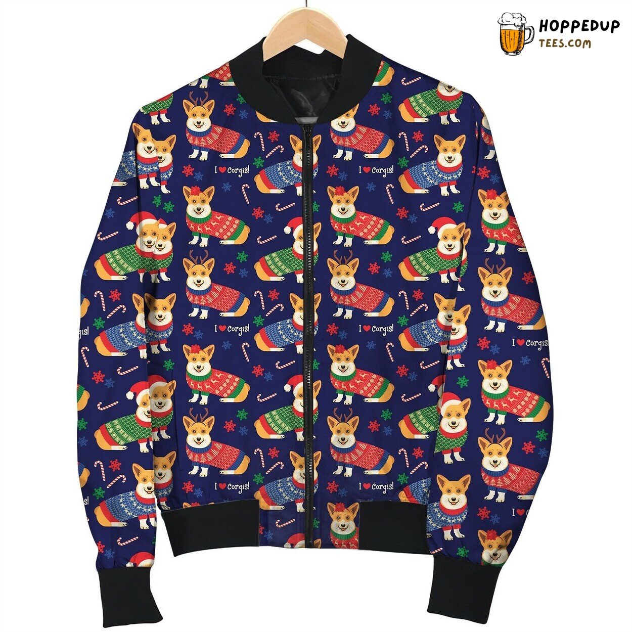 Lovely Xmas Reindeer Corgi Wearing Sweater On Snow Background Bomber Jacket