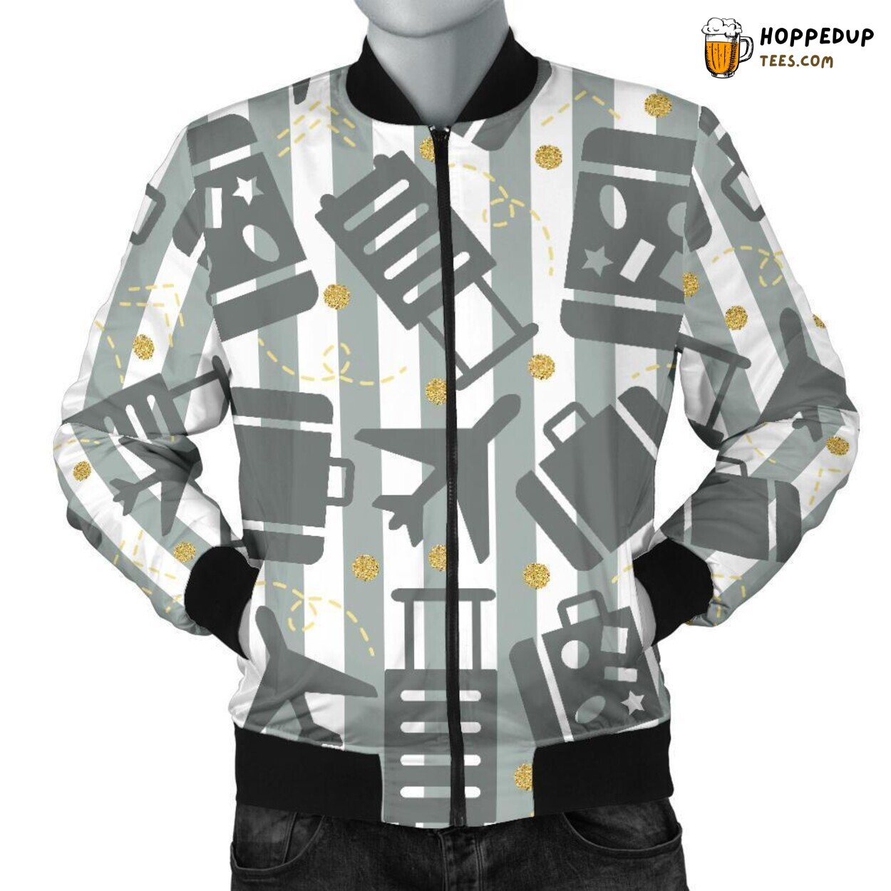 Luggage Theme Airplane Pattern Print Men’s Bomber Jacket Design