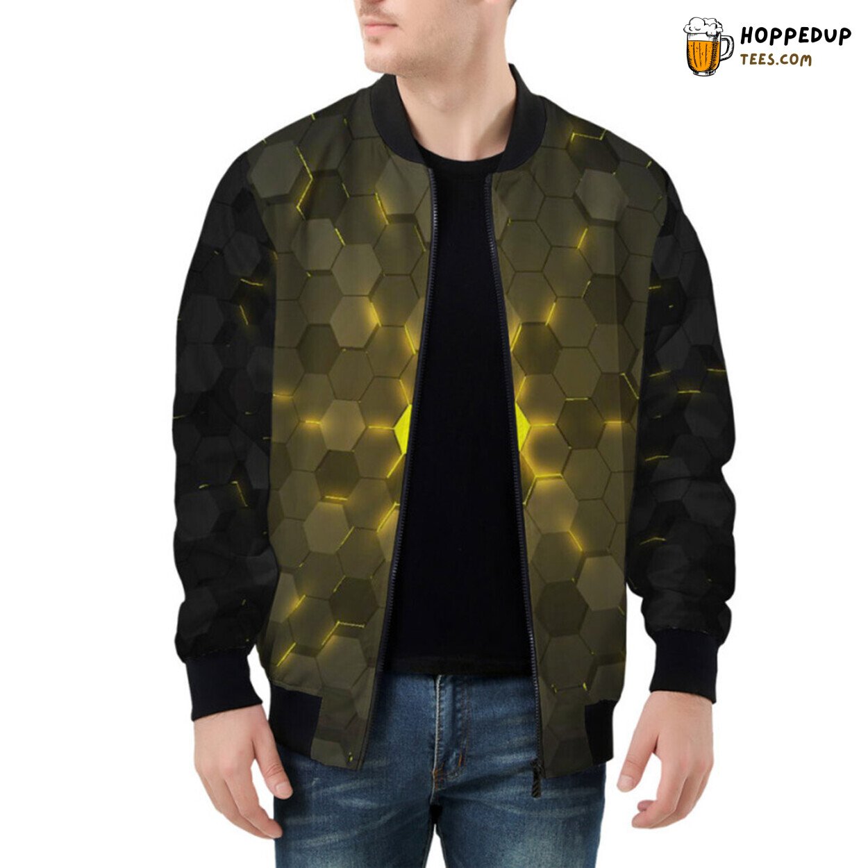 Luminous Yellow 3D Hexagon Tech Patterns on Premium Bomber Jacket