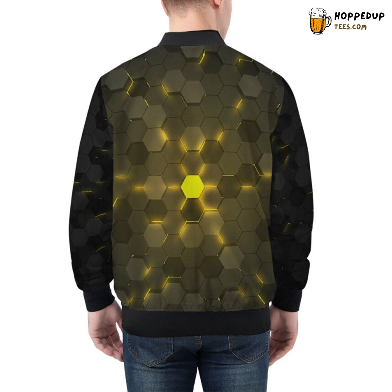 Luminous Yellow 3D Hexagon Tech Patterns on Premium Bomber Jacket