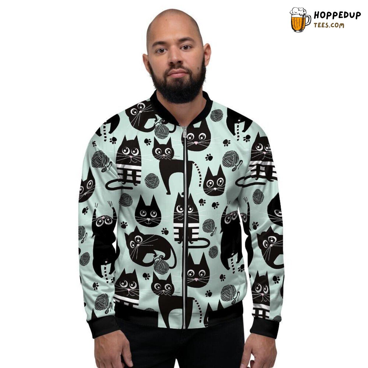 Lustrous Black Cute Cat Patterns Display Men’s Bomber Jacket Night Feline Charm
