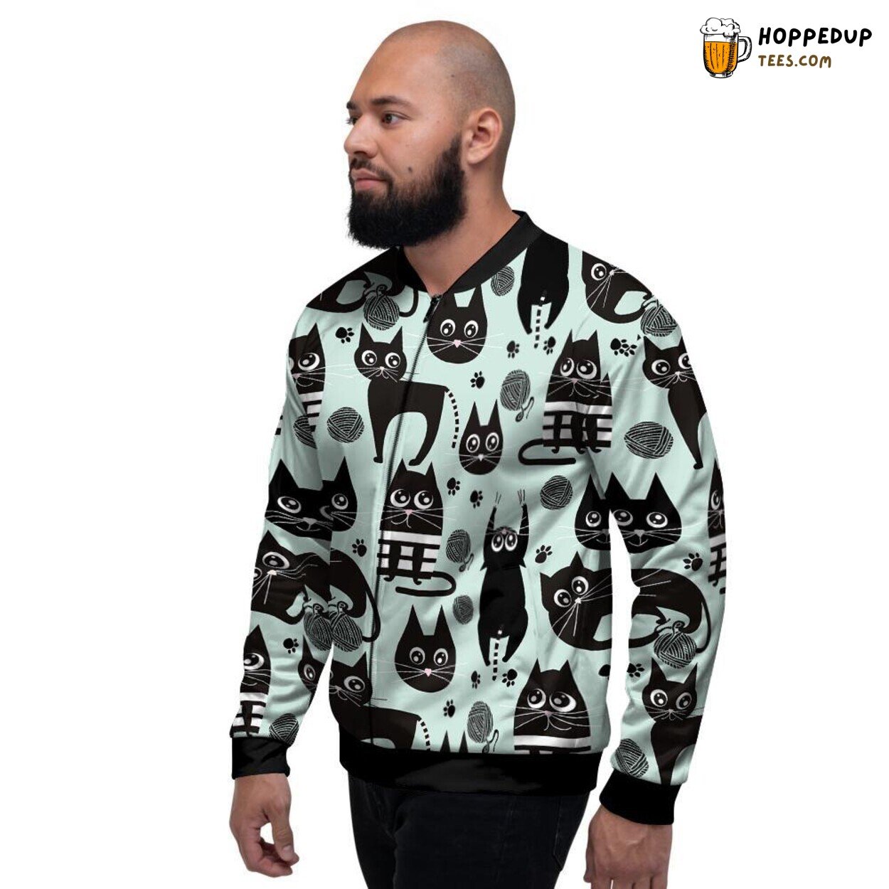 Lustrous Black Cute Cat Patterns Display Men’s Bomber Jacket Night Feline Charm