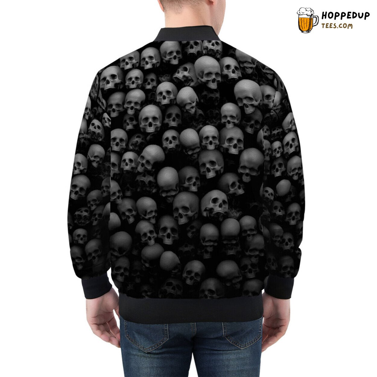 Macabre Skulls Mingle Seamlessly on Men’s Bomber Jacket Surface