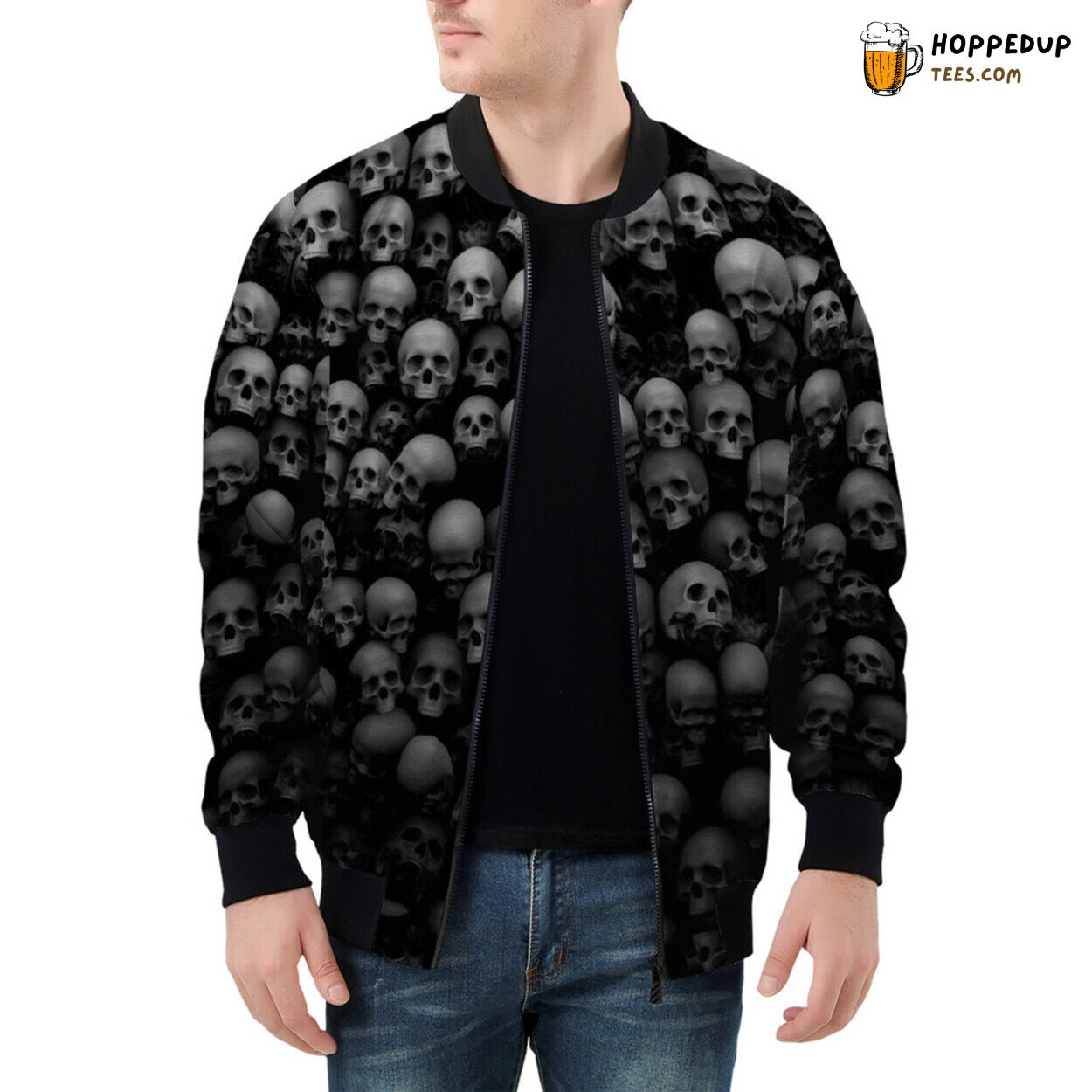Macabre Skulls Mingle Seamlessly on Men’s Bomber Jacket Surface
