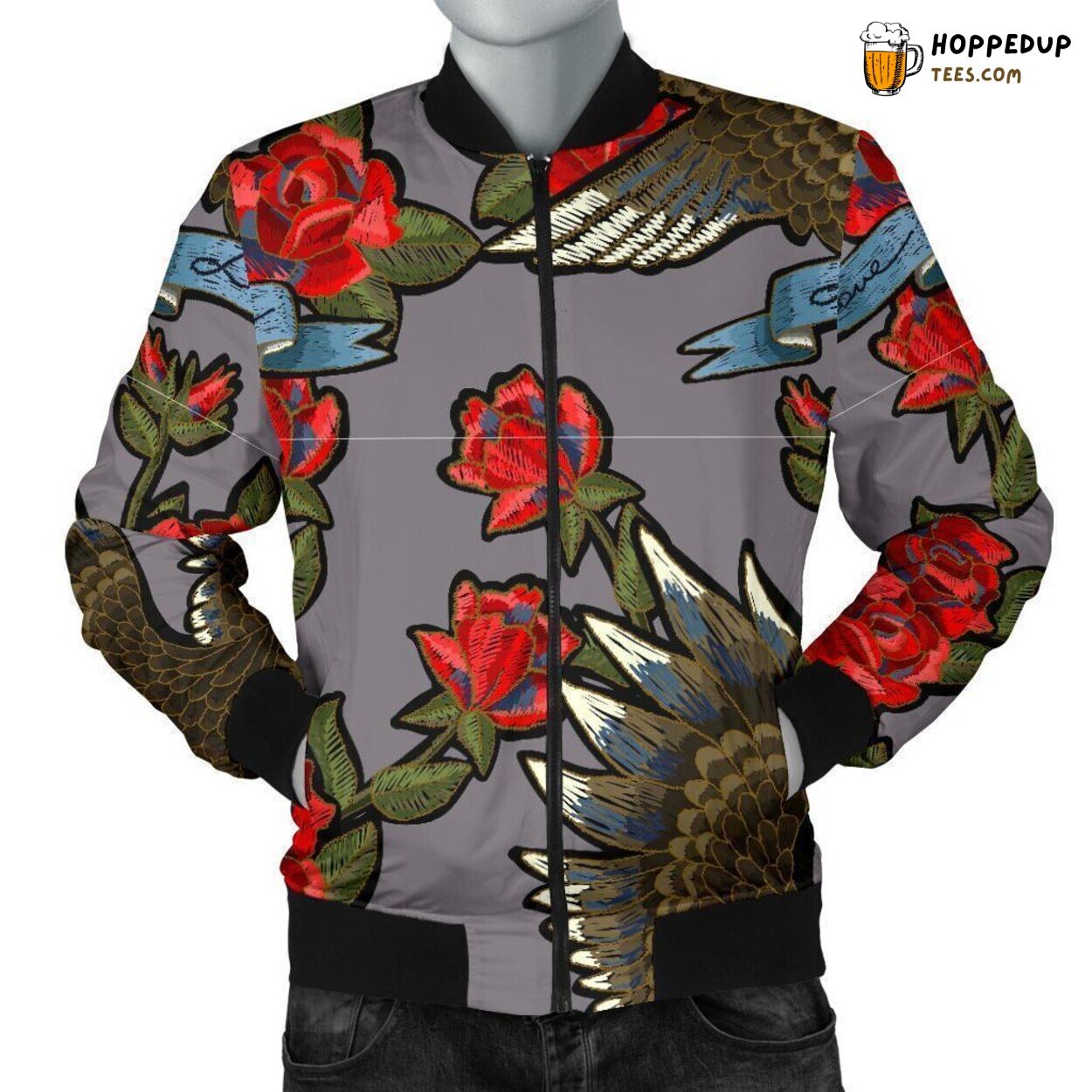 Majestic Eagle With Rose Men’s Bomber Jacket Unique Essence Pattern Display