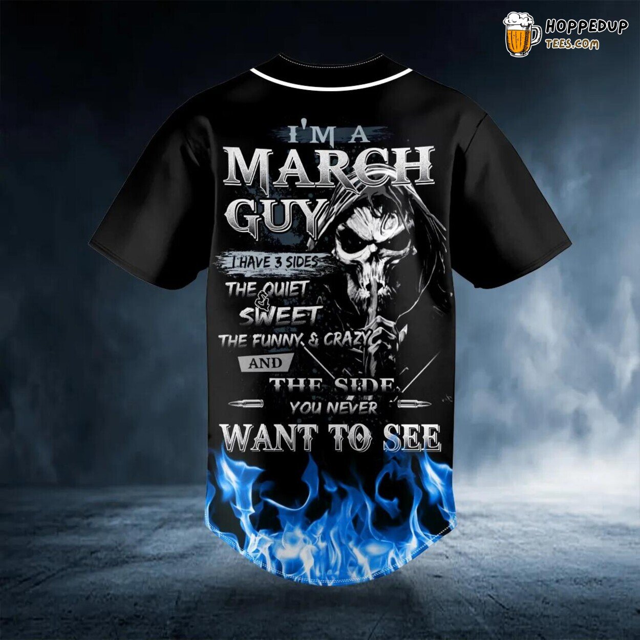 March Guy Blue Fire Skull Baseball Jersey Viking 3D Tees Unique Design Wear