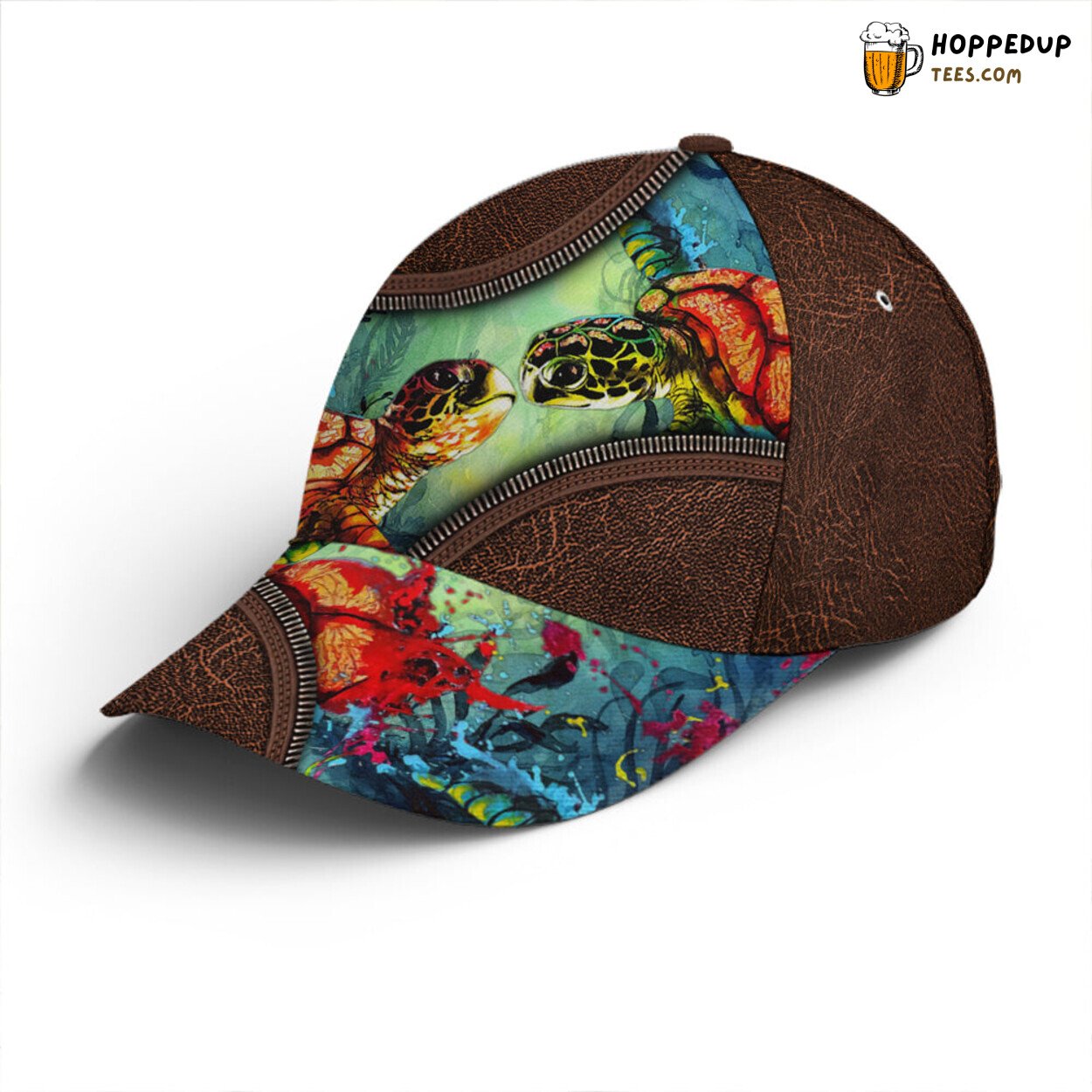 Marine Life Sea Turtle Ocean Theme Leather Unique Design Baseball Cap