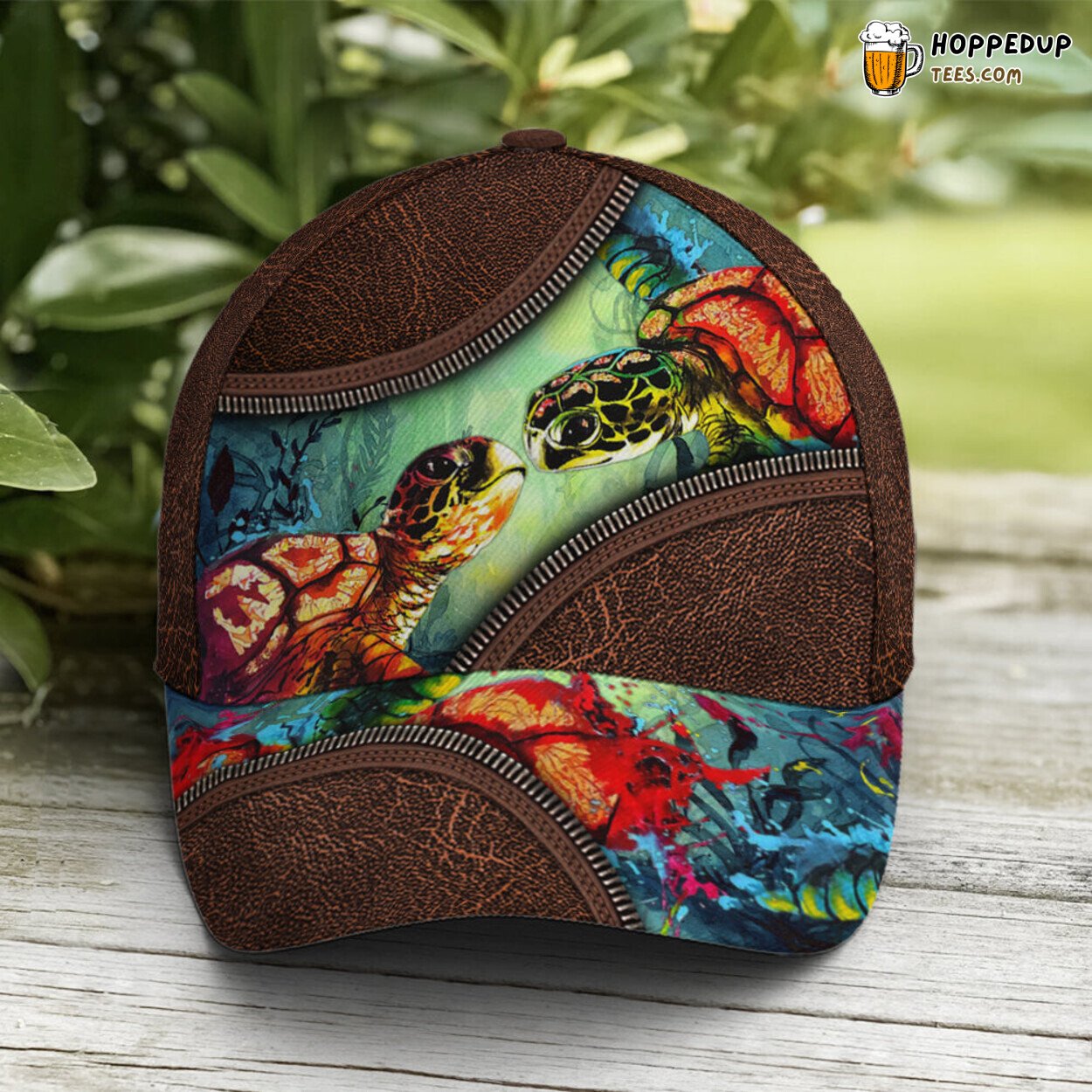 Marine Life Sea Turtle Ocean Theme Leather Unique Design Baseball Cap