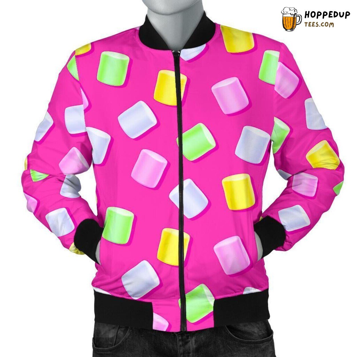 Marshmallow in Vibrant Tones Men’s Bomber Jacket Distinct Pattern Showcase