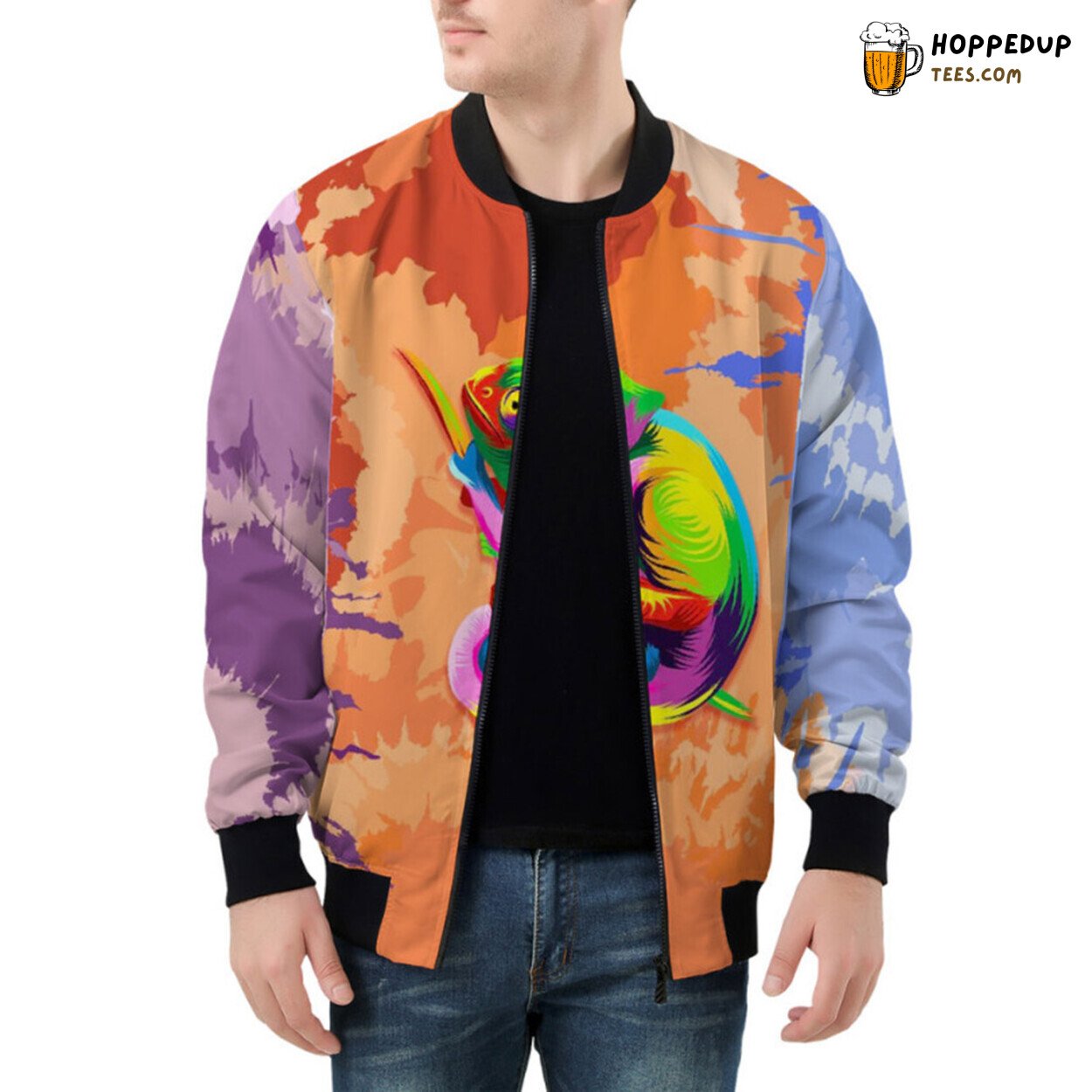 Masterful Depiction of a Multicolored Chameleon Bomber Jacket