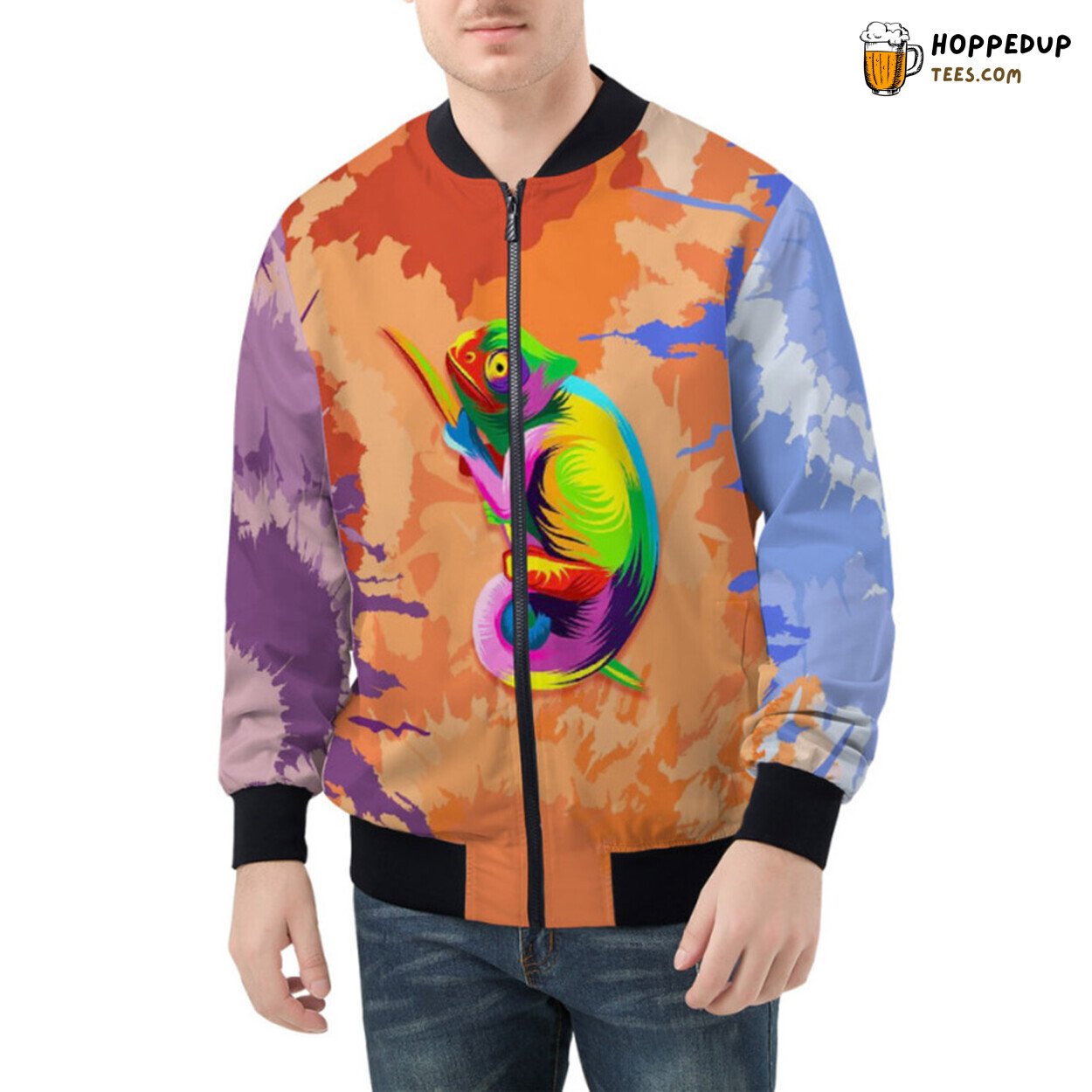 Masterful Depiction of a Multicolored Chameleon Bomber Jacket