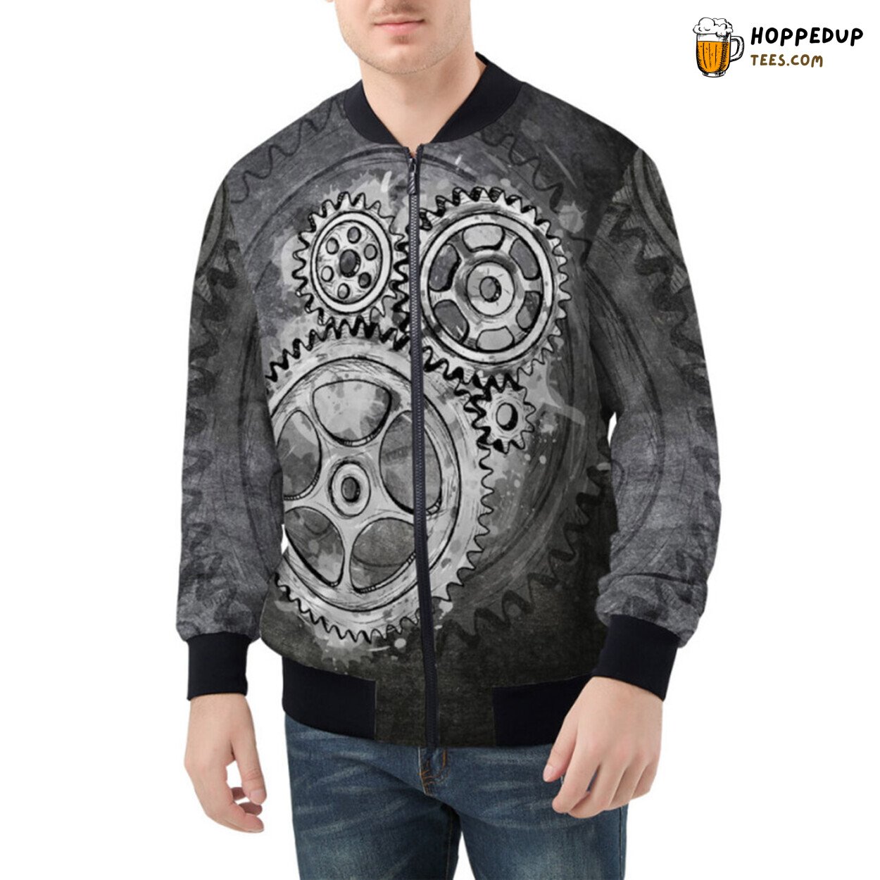 Mechanical Wonder of Gray Steampunk Gears Artfully Showcased Bomber Jacket