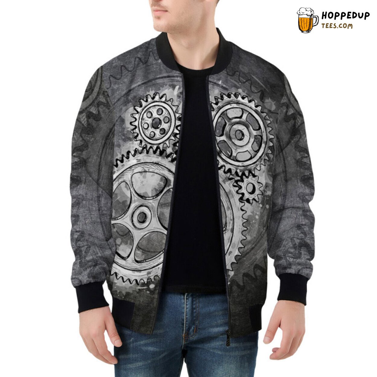 Mechanical Wonder of Gray Steampunk Gears Artfully Showcased Bomber Jacket