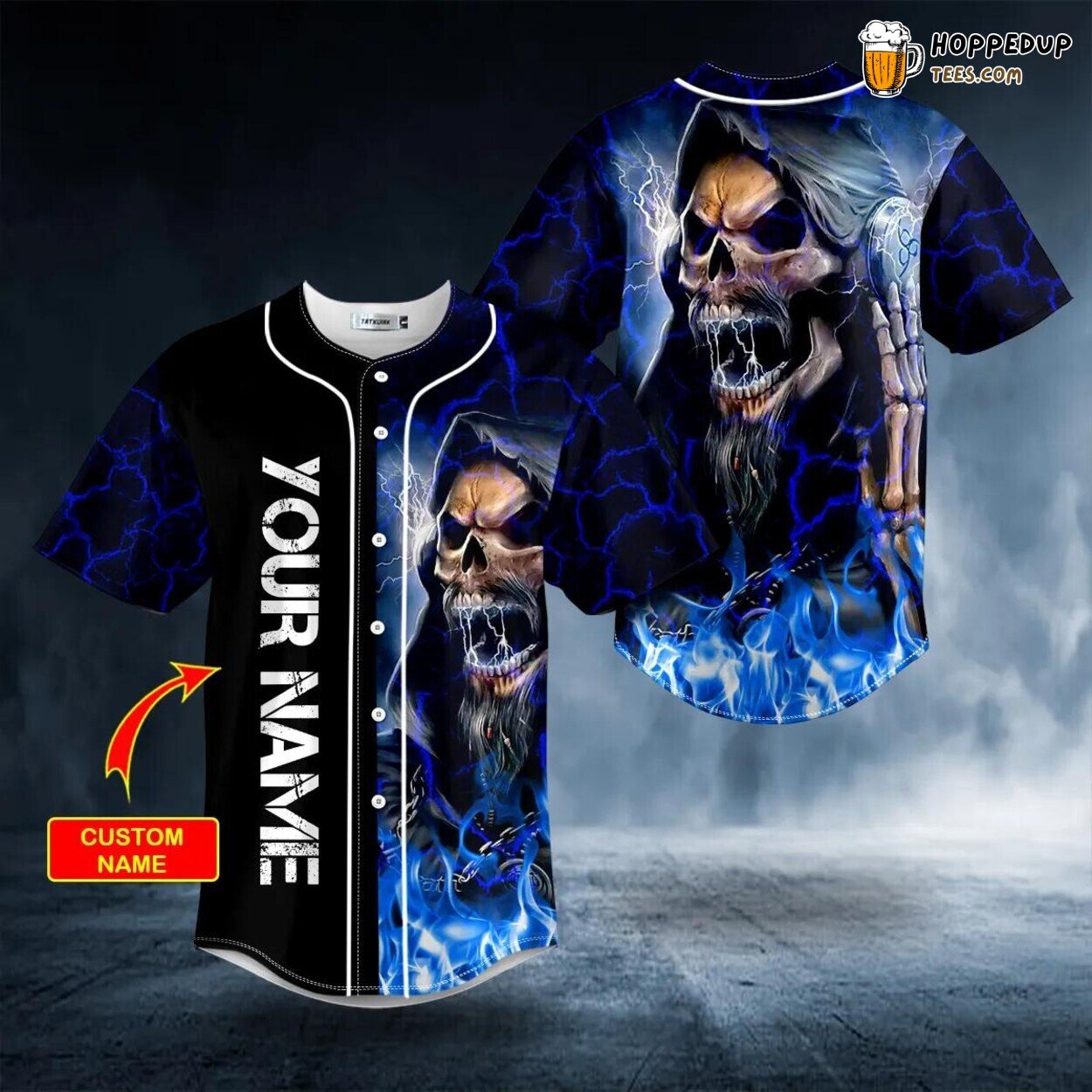 Melodic Death Metal Skull Baseball Jersey Grim Reaper Blue Fire Design