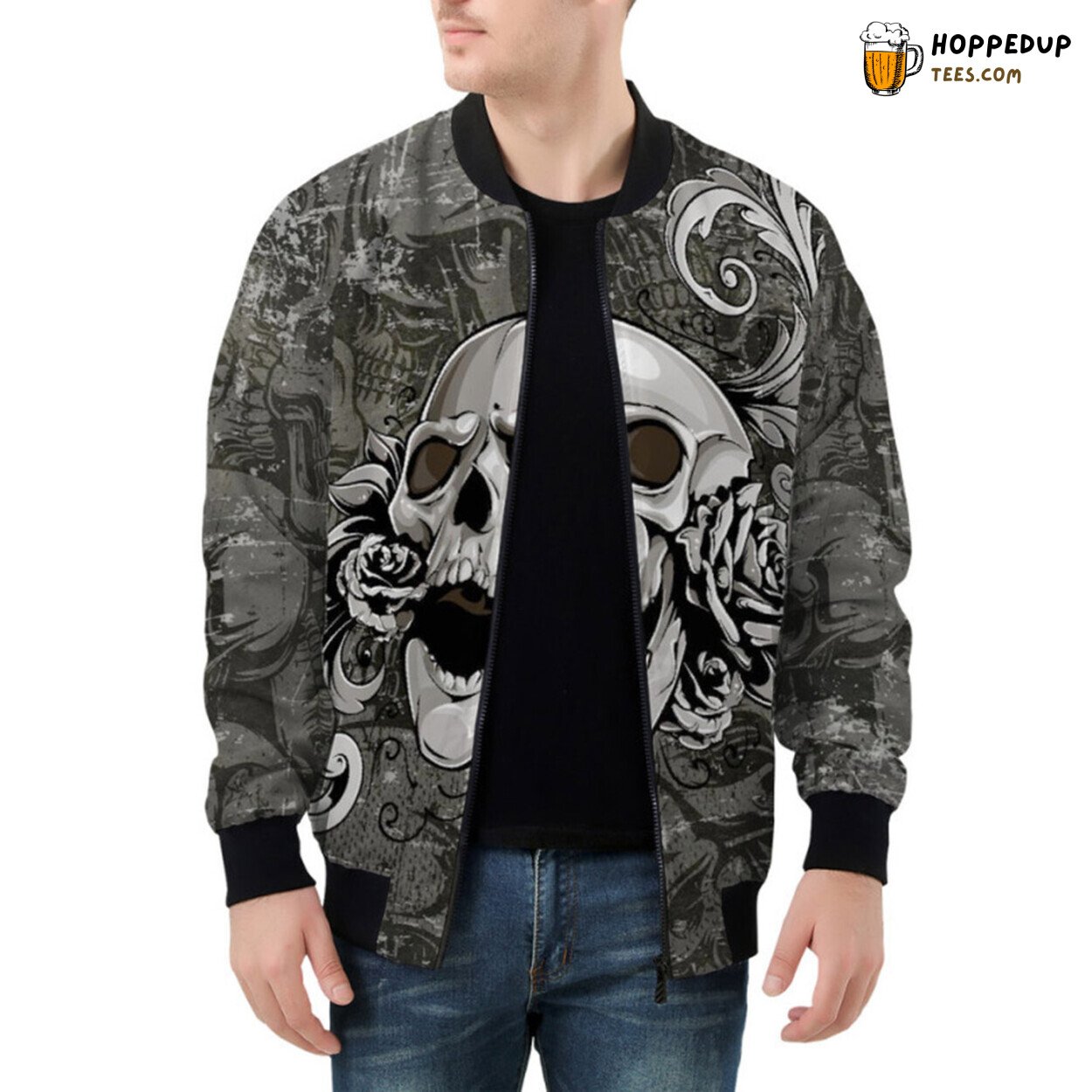 Memento Mori Artistic Depiction Skull Surrounded by Flowers Bomber Jacket