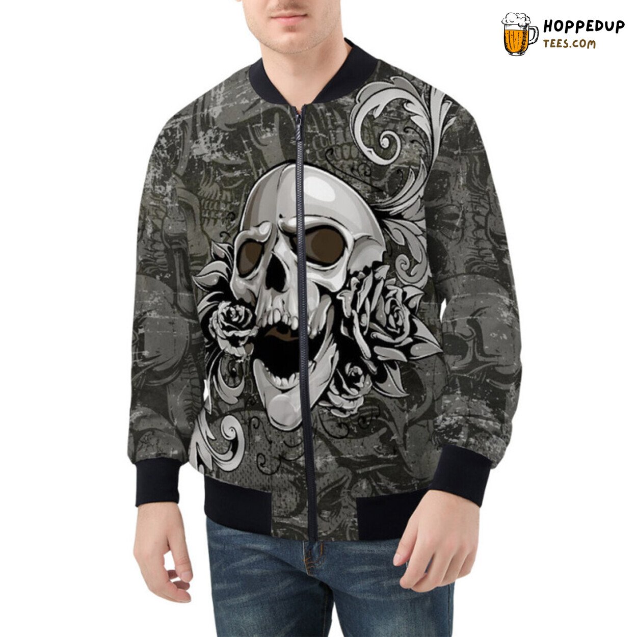 Memento Mori Artistic Depiction Skull Surrounded by Flowers Bomber Jacket