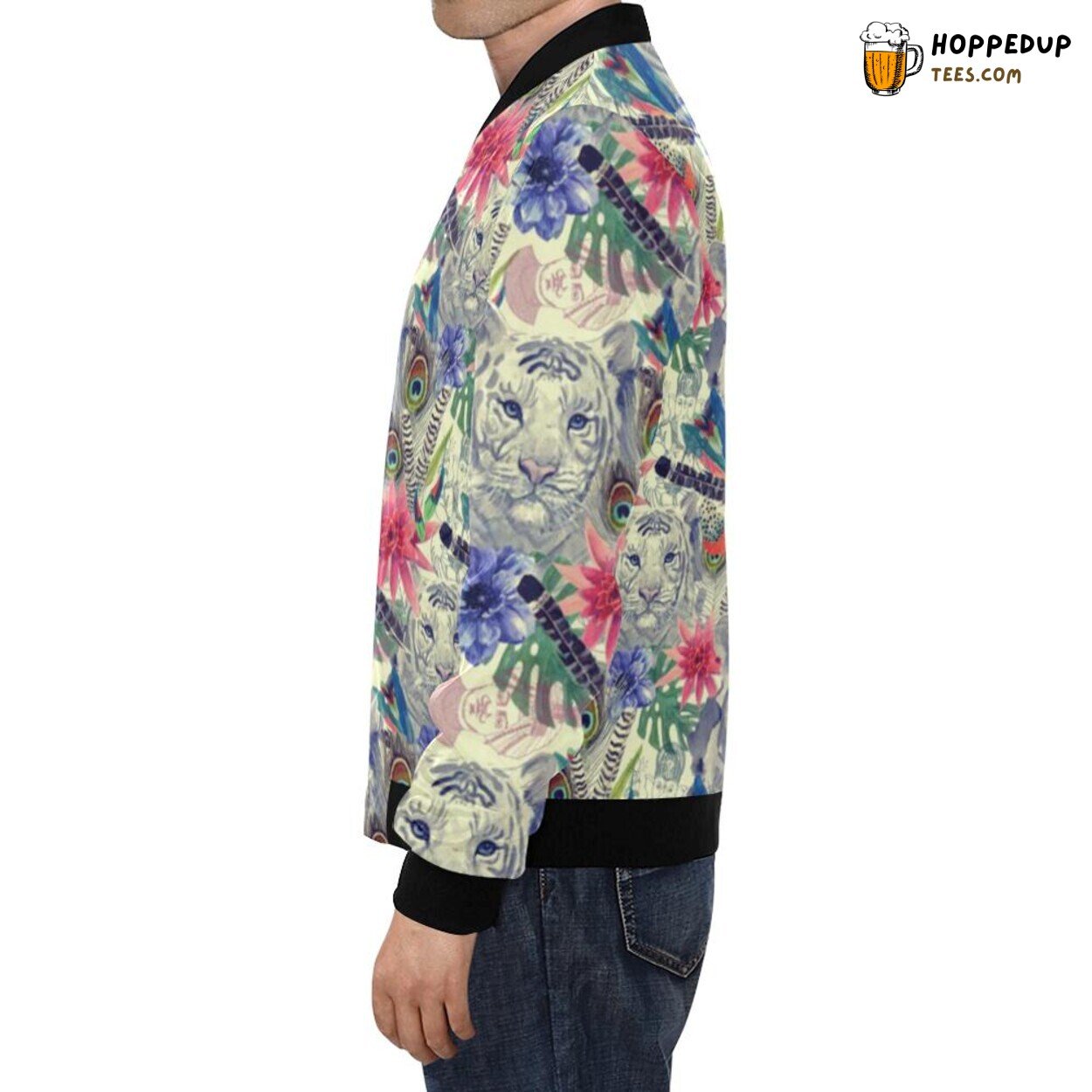 Men’s Bohemian Bomber Jacket with White Tiger Pattern Print Design