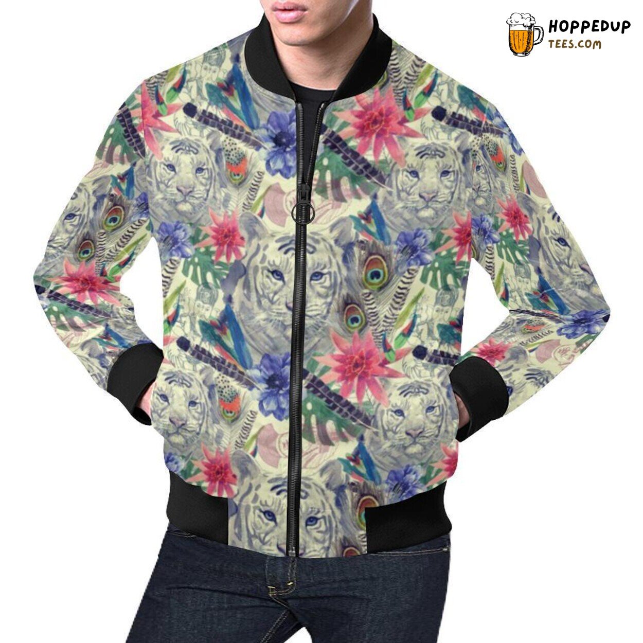 Men’s Bohemian Bomber Jacket with White Tiger Pattern Print Design