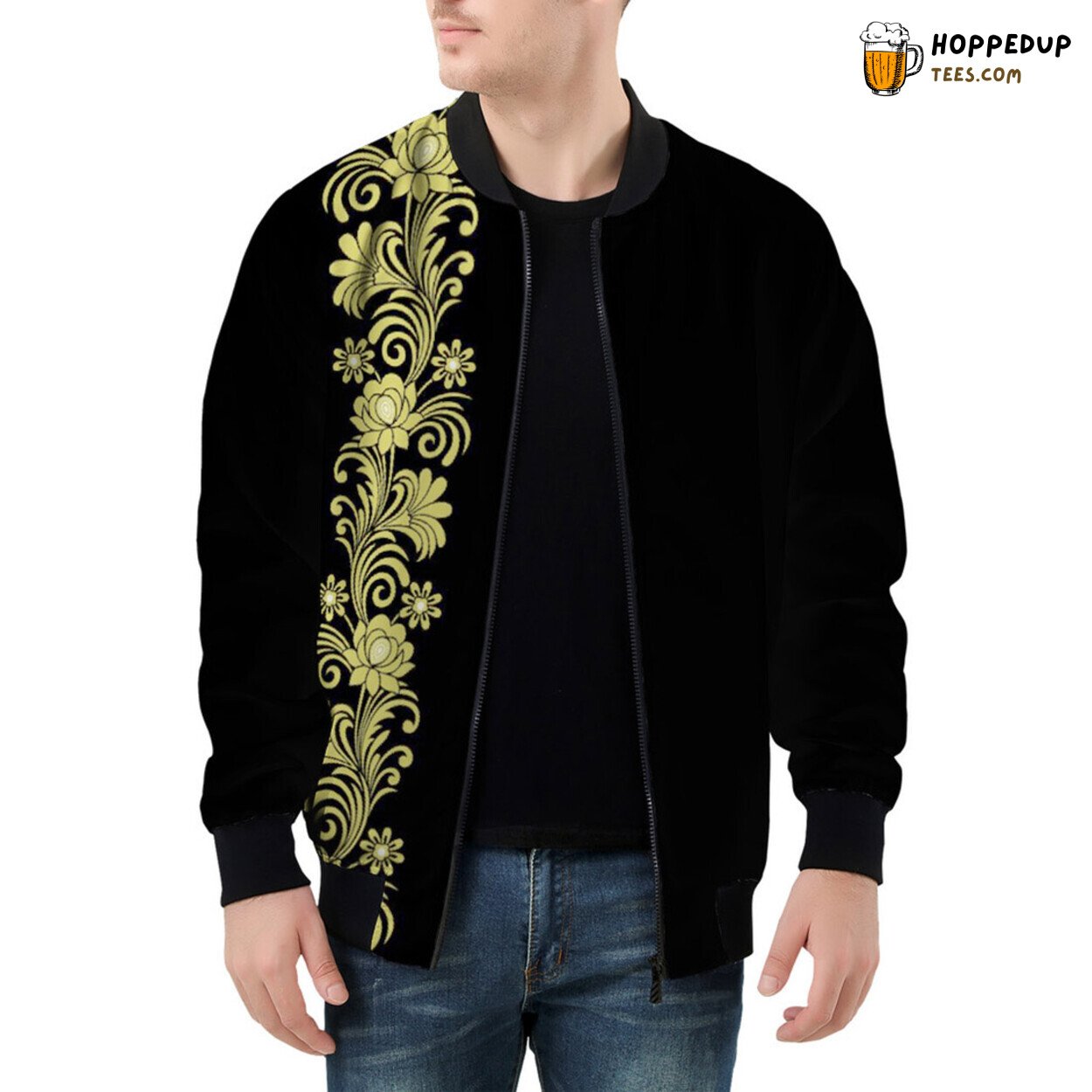 Men’s Bomber Jacket Adorned by Delicate Floral Border Aesthetics
