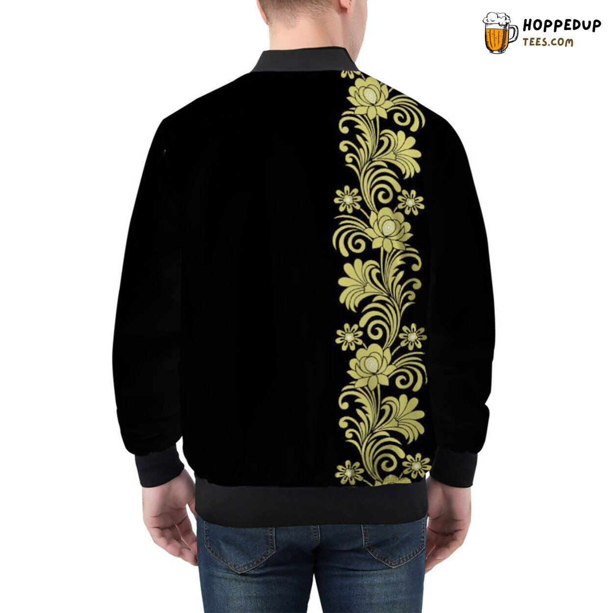 Men’s Bomber Jacket Adorned by Delicate Floral Border Aesthetics