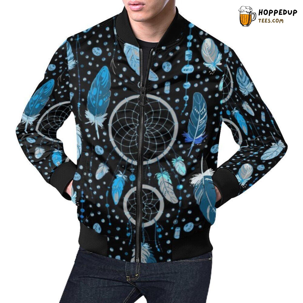 Men’s Bomber Jacket Blue Dream Catcher Feather Essential Pattern Print Men’s Bomber Jacket Blue Dream Catcher Feather Essential Pattern Print