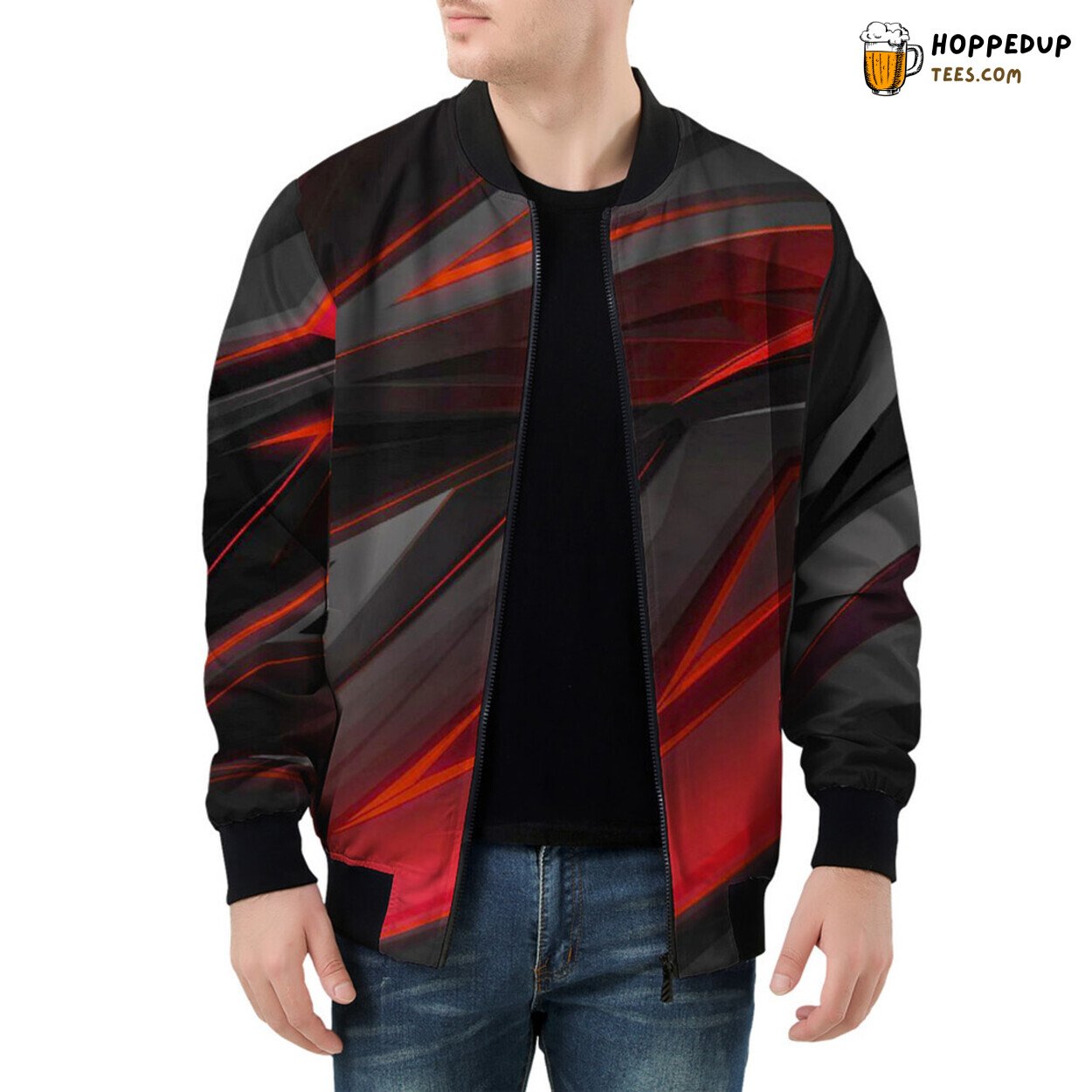 Men’s Bomber Jacket Boasts Geometric Stripes in Bold Red
