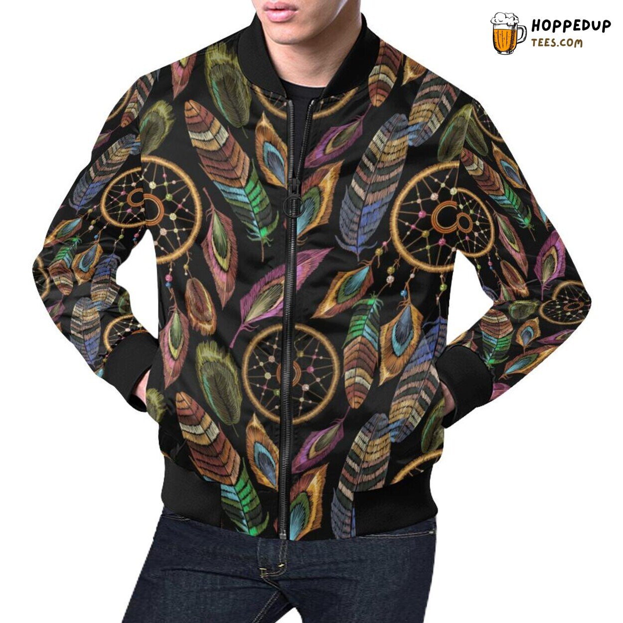 Men’s Bomber Jacket Boho Peacock Dream Catcher Feather Unique Pattern Men’s Bomber Jacket Boho Peacock Dream Catcher Feather Unique Pattern