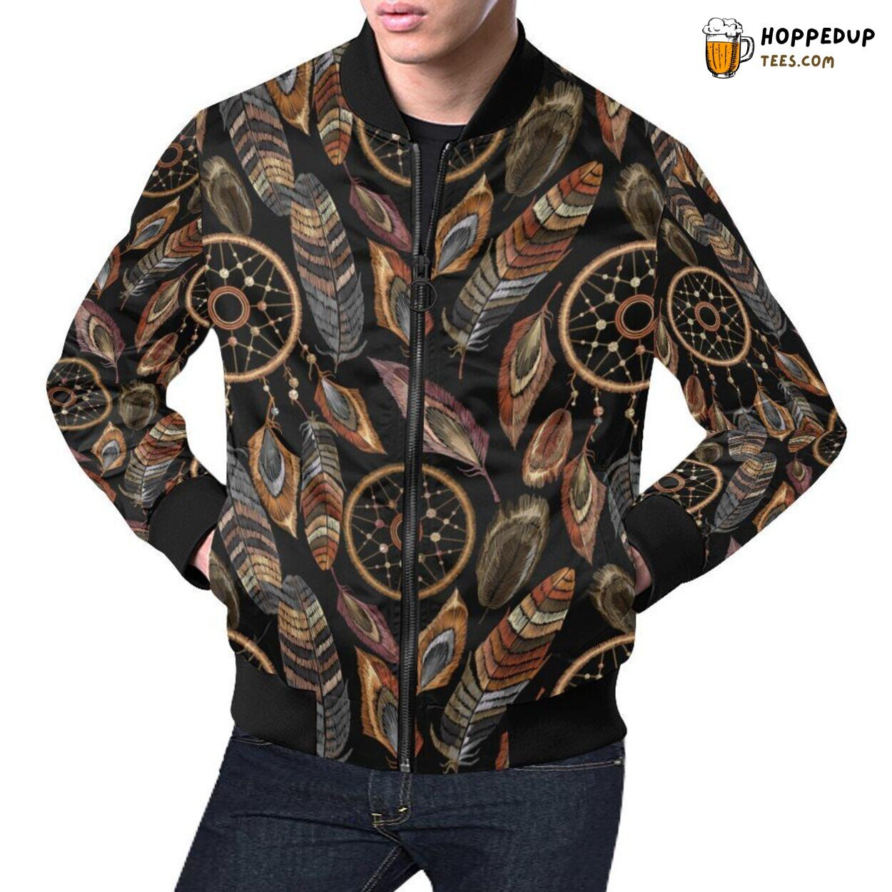 Men’s Bomber Jacket Brown Boho Peacock Dream Catcher Feather Pattern Men’s Bomber Jacket Brown Boho Peacock Dream Catcher Feather Pattern