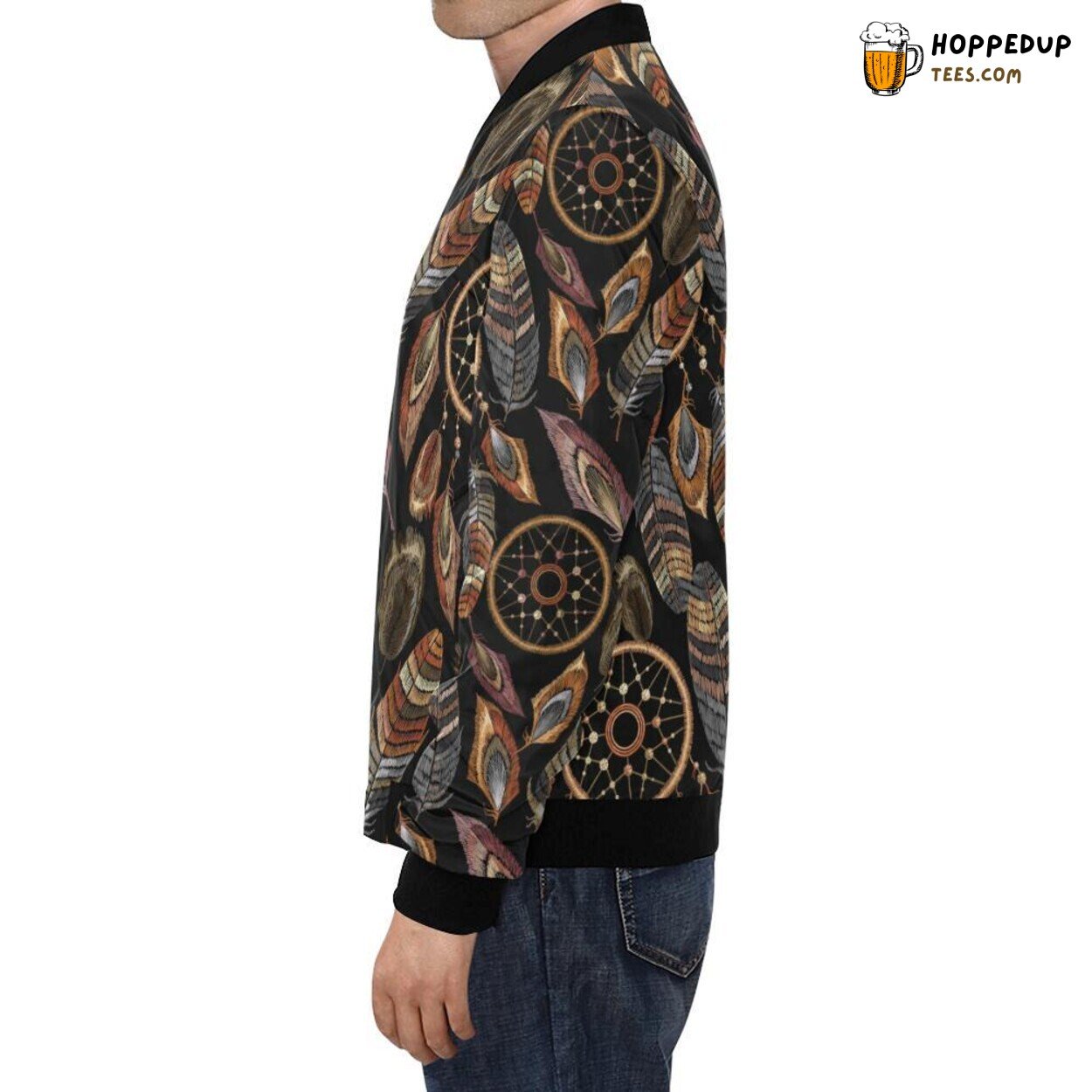 Men’s Bomber Jacket Brown Boho Peacock Dream Catcher Feather Pattern