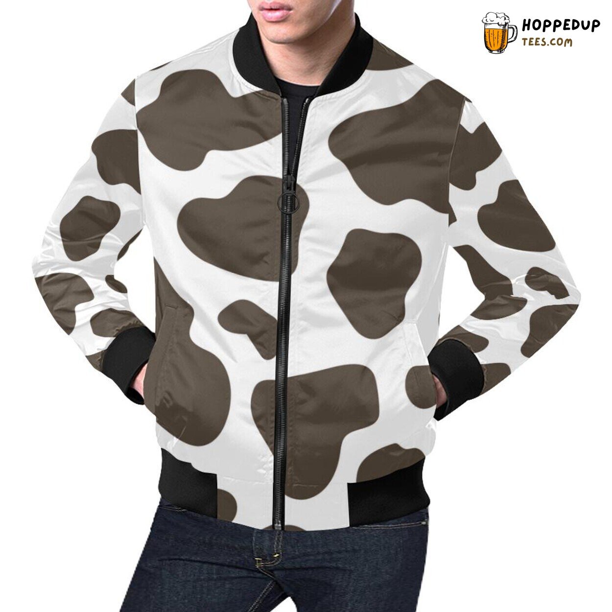 Men’s Bomber Jacket Brown Cow Pattern Print Unique Fashion Designer Look Men’s Bomber Jacket Brown Cow Pattern Print Unique Fashion Designer Look