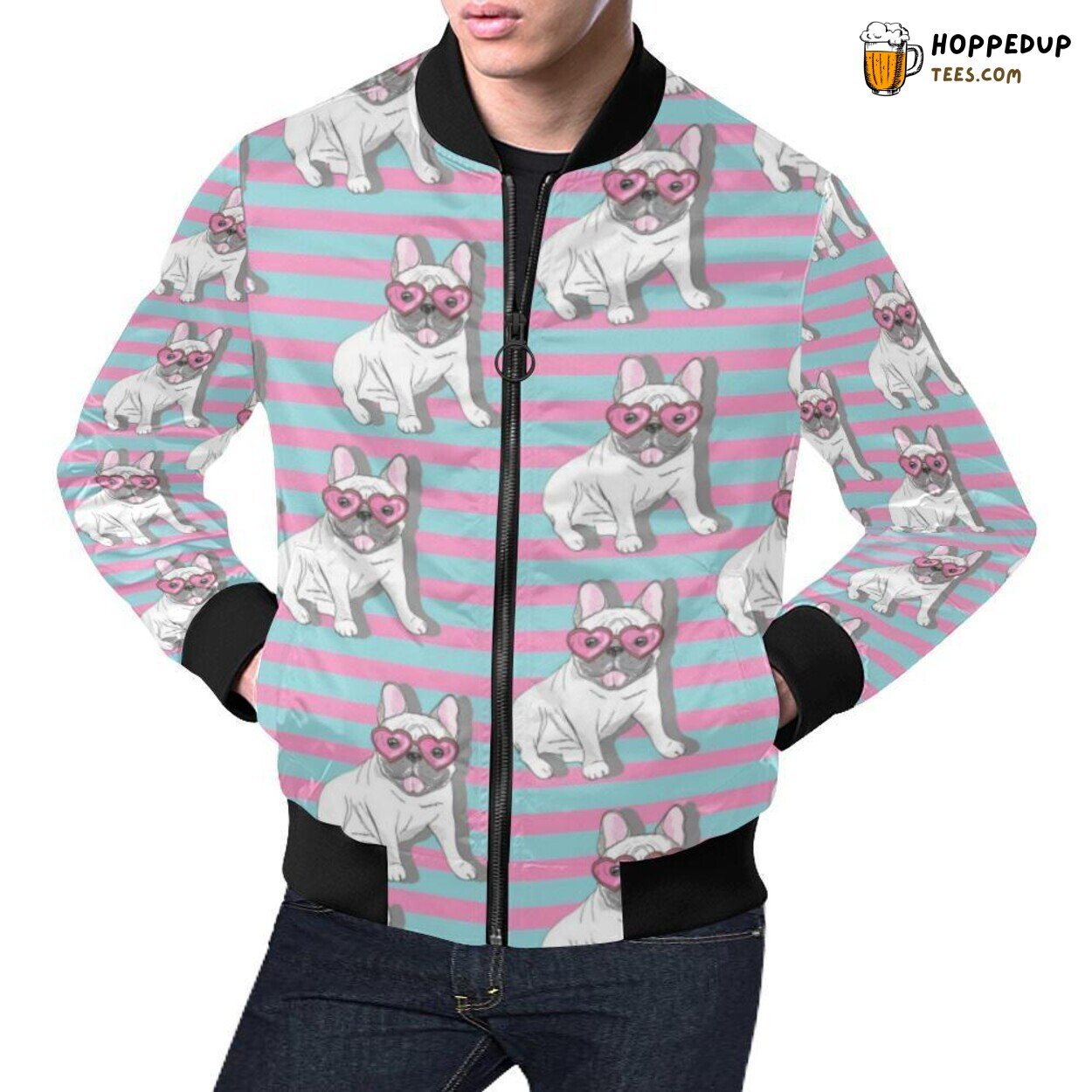 Men’s Bomber Jacket Bulldog Heart Sunglasses Pattern Print Unique Design Men’s Bomber Jacket Bulldog Heart Sunglasses Pattern Print Unique Design
