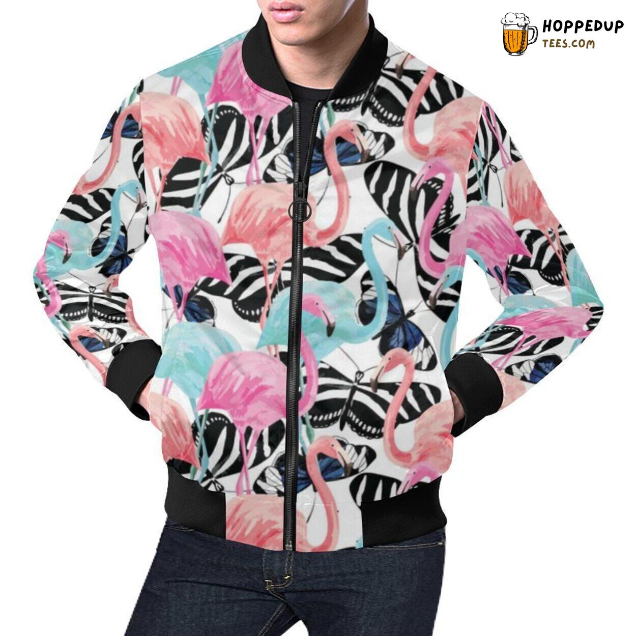 Men’s Bomber Jacket Butterfly Flamingo Hawaiian Tropical Print Pattern
