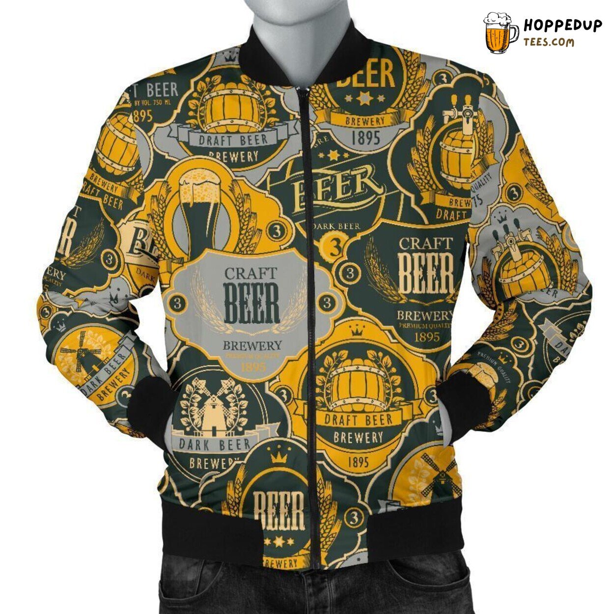 Men’s Bomber Jacket Celebrating Craft Beer Unique Essence Pattern Display
