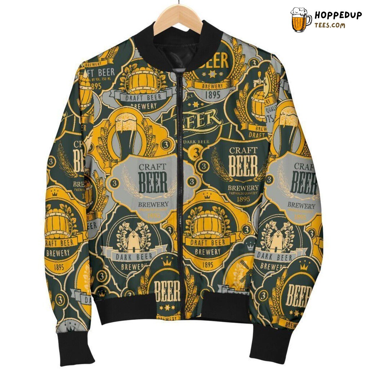 Men’s Bomber Jacket Celebrating Craft Beer Unique Essence Pattern Display Men’s Bomber Jacket Celebrating Craft Beer Unique Essence Pattern Display