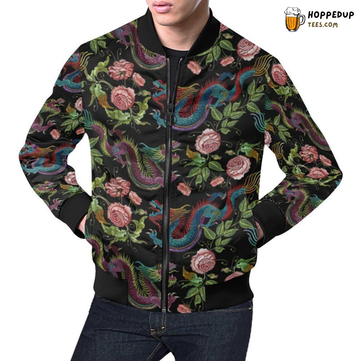 Men’s Bomber Jacket Chinese Rose Dragon Pattern Unique Print