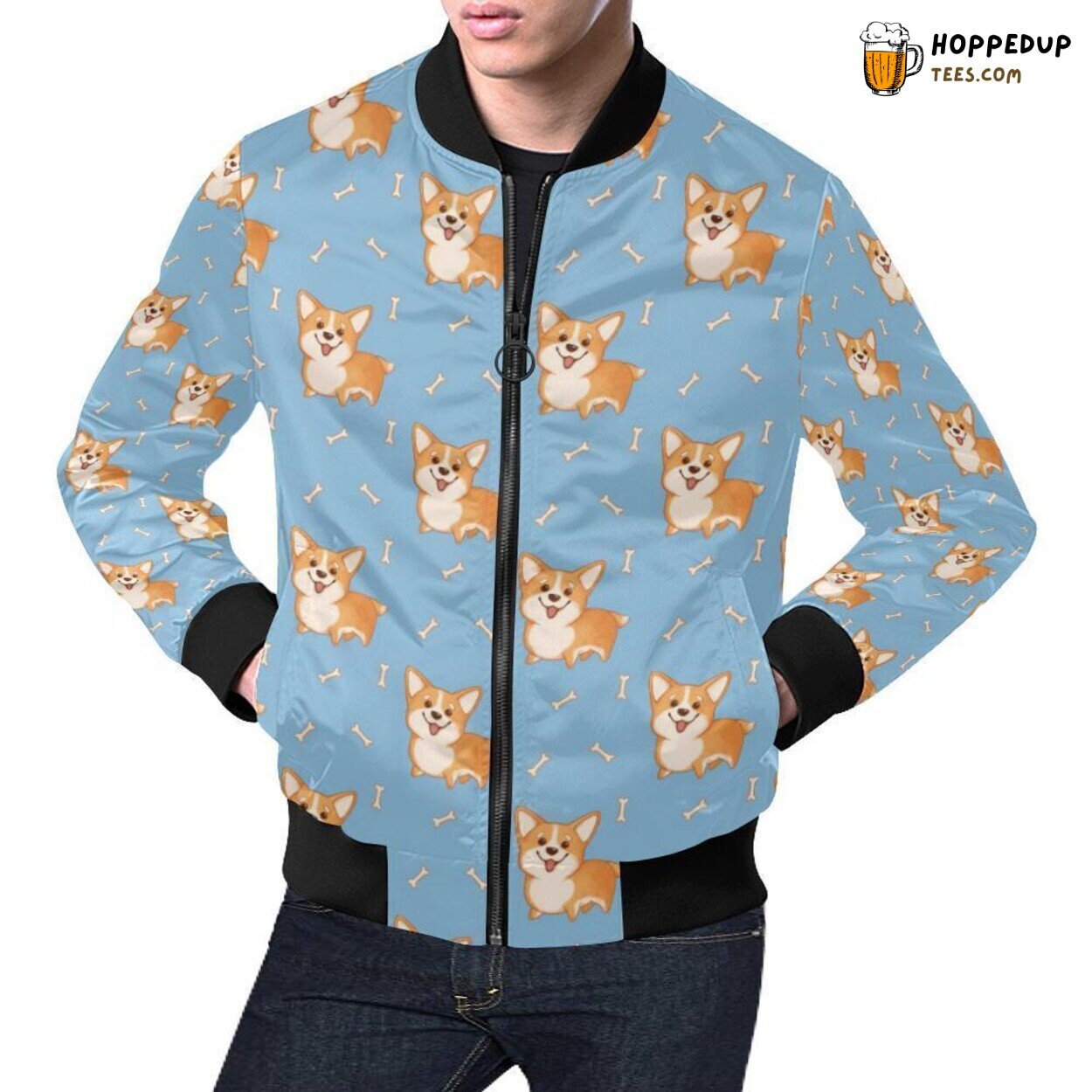 Men’s Bomber Jacket Corgi Pattern Print Exclusive Design Look Men’s Bomber Jacket Corgi Pattern Print Exclusive Design Look