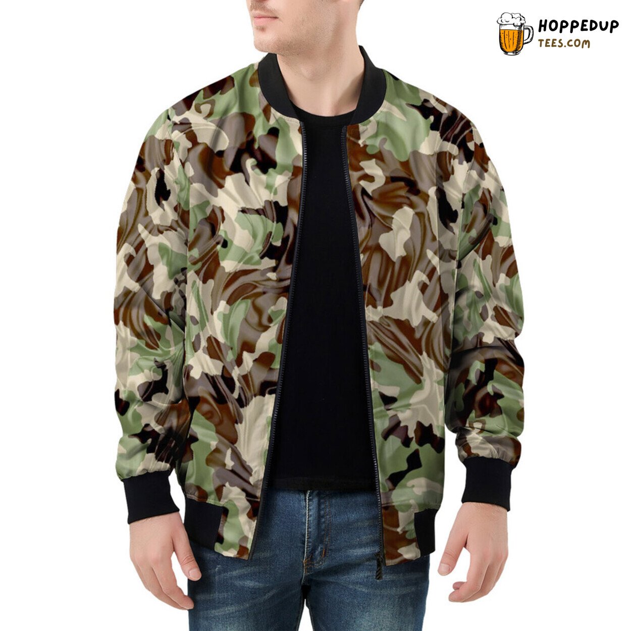 Men’s Bomber Jacket Depicting Intricate Fabric Folds Camouflage
