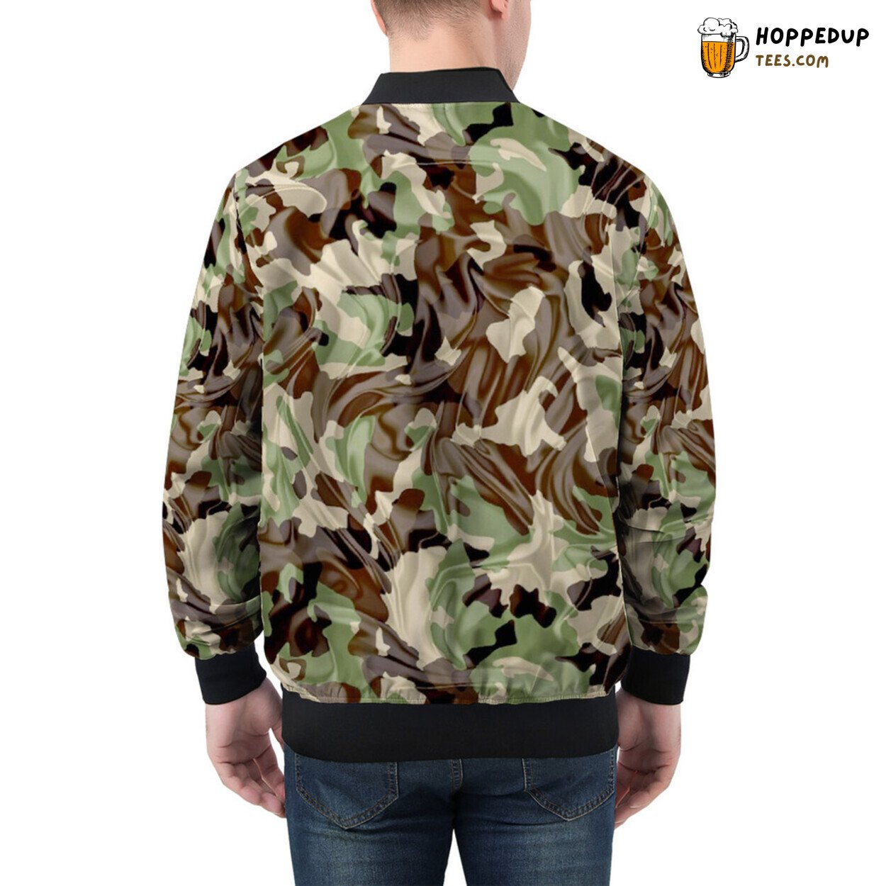 Men’s Bomber Jacket Depicting Intricate Fabric Folds Camouflage