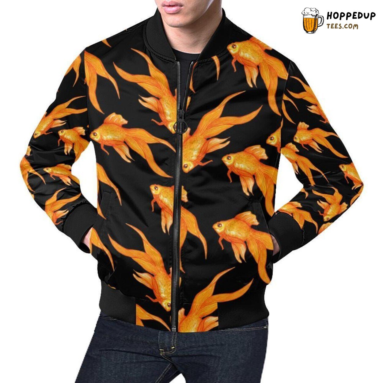 Men’s Bomber Jacket Depicting Stunning Goldfish Print Pattern Theme Men’s Bomber Jacket Depicting Stunning Goldfish Print Pattern Theme