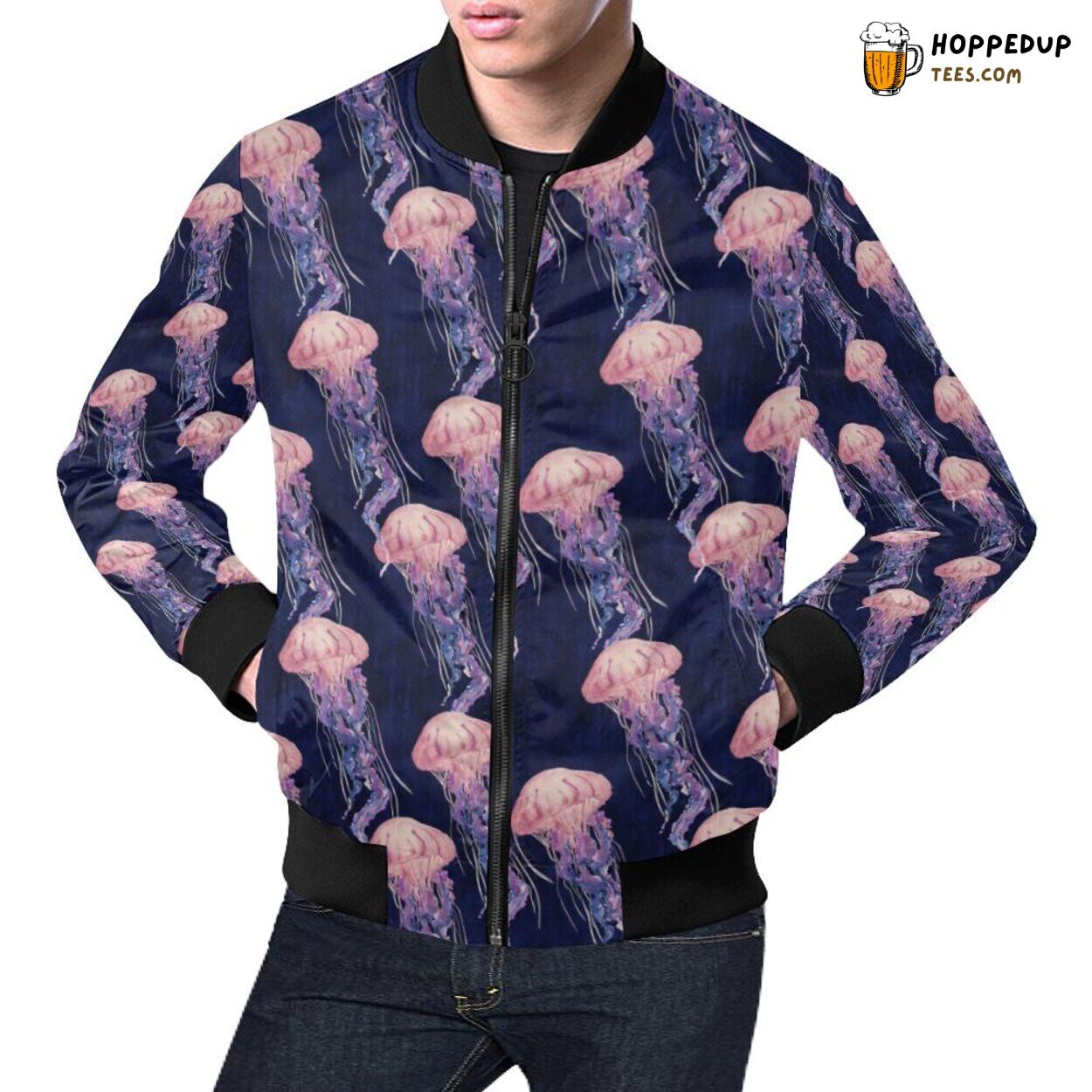 Men’s Bomber Jacket Designed with Classic Jellyfish Print Pattern