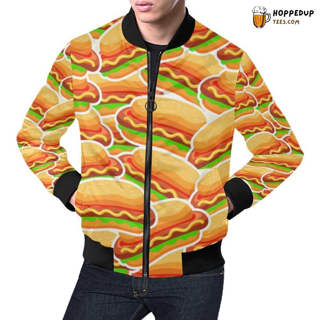 Men’s Bomber Jacket Designed with Unique Hot Dog Print Pattern