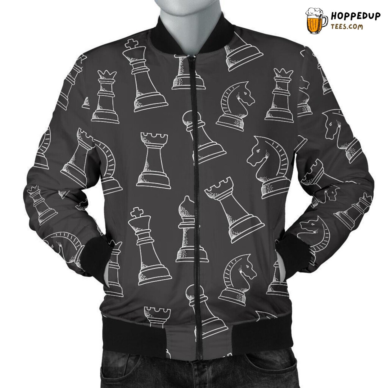 Men’s Bomber Jacket Displaying Elegant Chess Design Unique Pattern Essence
