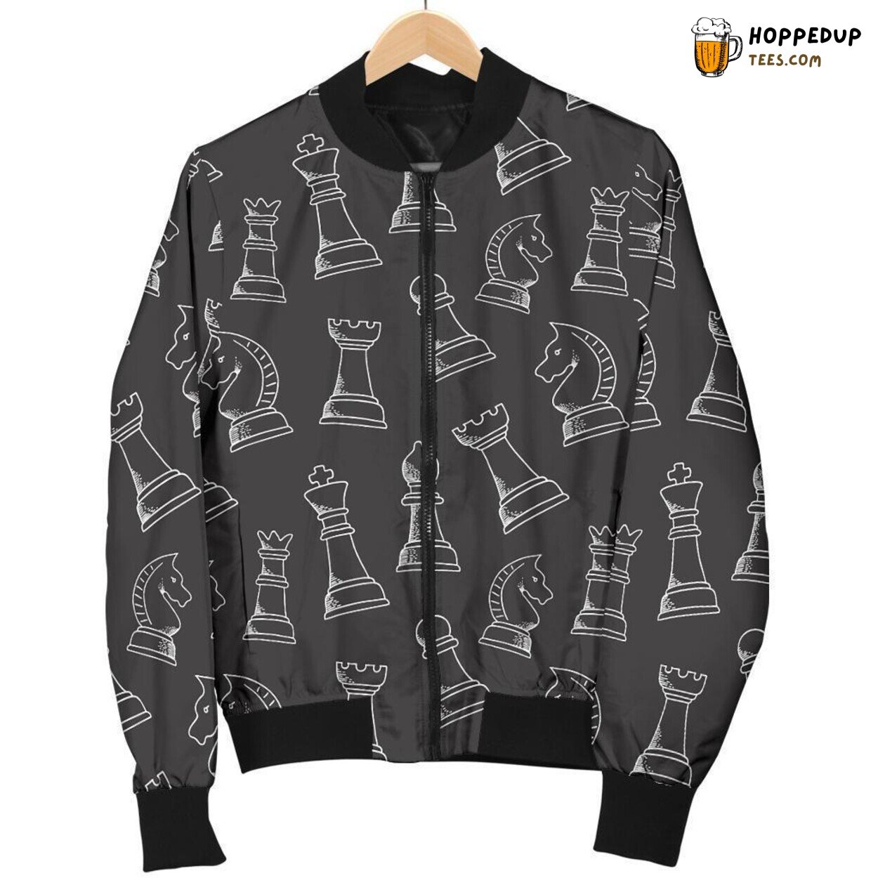 Men’s Bomber Jacket Displaying Elegant Chess Design Unique Pattern Essence